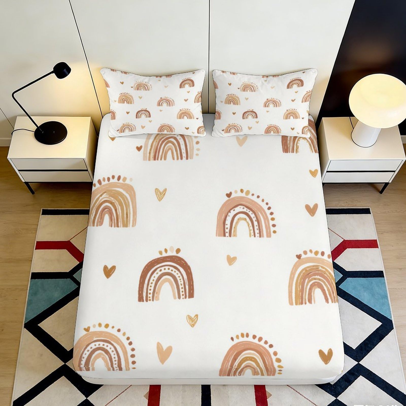 Pnayamiorkfel Style-9 3D Printed Boho Rainbow Fitted Sheet Microfiber Soft Beige Heart Bed Cover For Bedroom Dorm Mattress Protection Decor 90X200x25cm