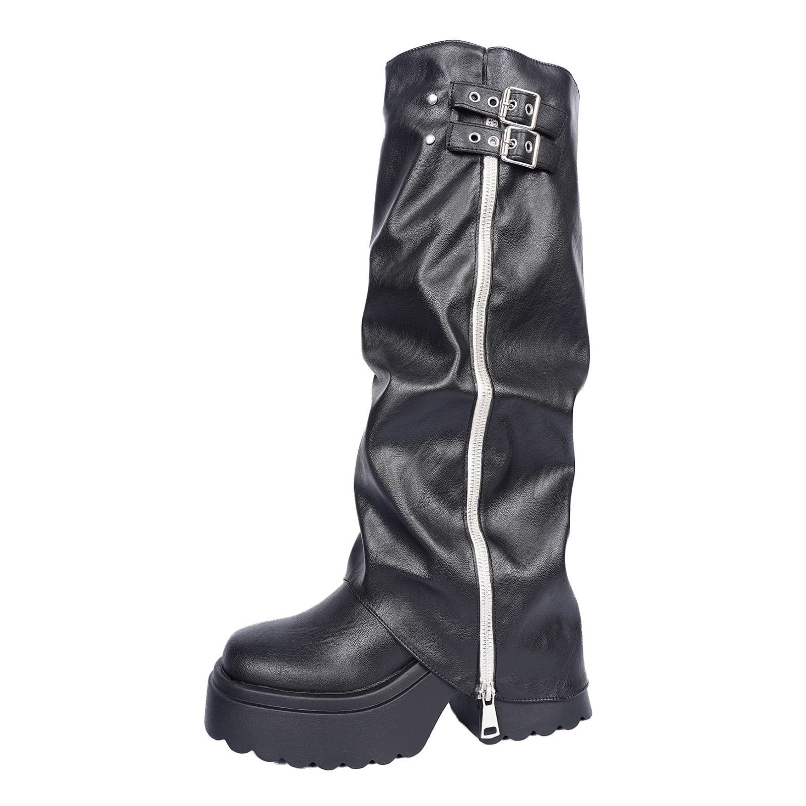Black Wide Calf Foldover Boots for Women Fashion Winter Warm Knee High Booties Fall Y2k Festival Concert Punk