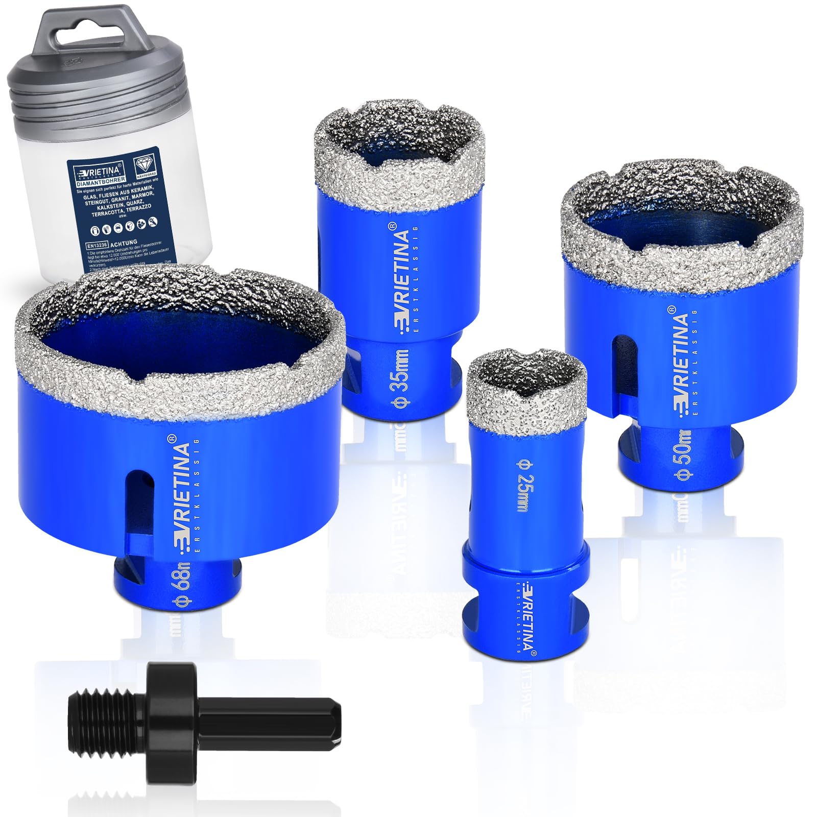 4tlg Diamant Fliesenbohrer Set 25|35|50|68 mm M14 Diamantbohrer Glasbohrer Nass Trocken Fliesenbohrkrone für Winkelschleifer, Diamant Bohrkrone Lochsäge von Fliesen Marmor Granit, mit HEX Adapter