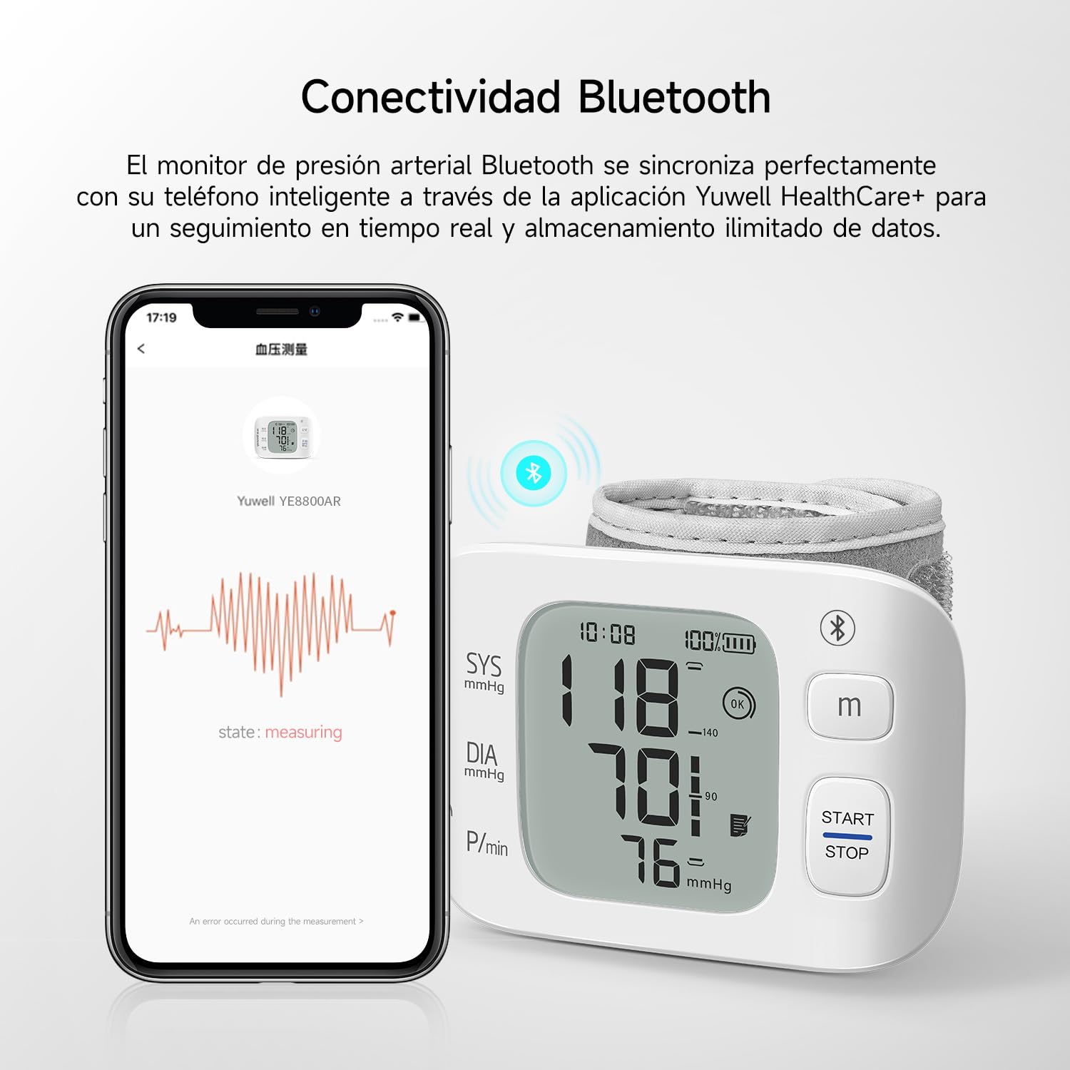 yuwell Tensiómetro de Muñeca Inteligente, con Conexión Bluetooth, Esfigmomanómetro Electrónico con Sensor de Irregularidad del Ritmo Cardíaco, Batería Recargable (YE8800AR)