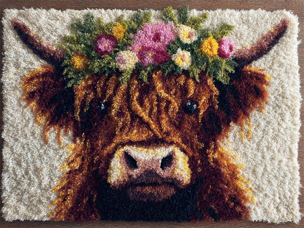FWRTYCB Yarn Rug Hooking Kits Highland Cow Wearing A Flower Wreath 20X15Inch Latch