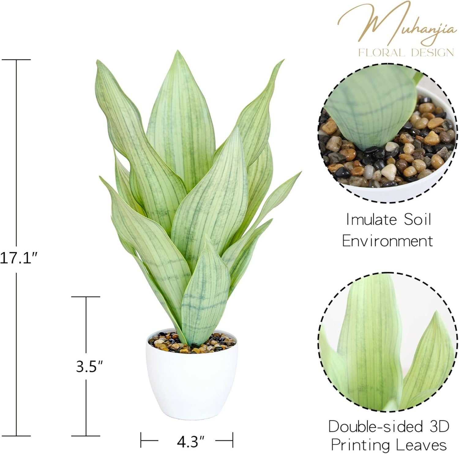 17" Artificial Snake Plant Potted,Fake Sansevieria Floor Plant Real Looking with White Planter for Centerpiece Home Decor (White&Green) - Image 2