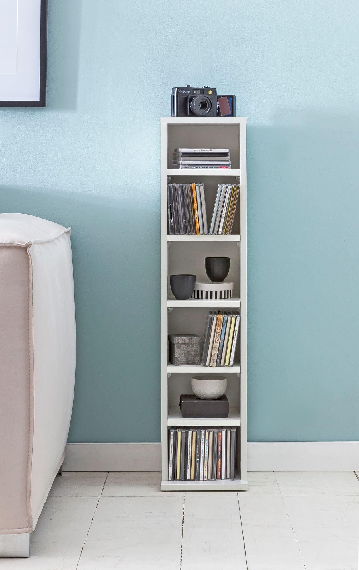 FineBuy Porta CD 21x20x90 cm con 6 Scomparti, Scaffale Stretto | contenimento per CD e DVD, aperto scaffale salvaspazio, libreria per soggiorno e cameretta, essenziale
