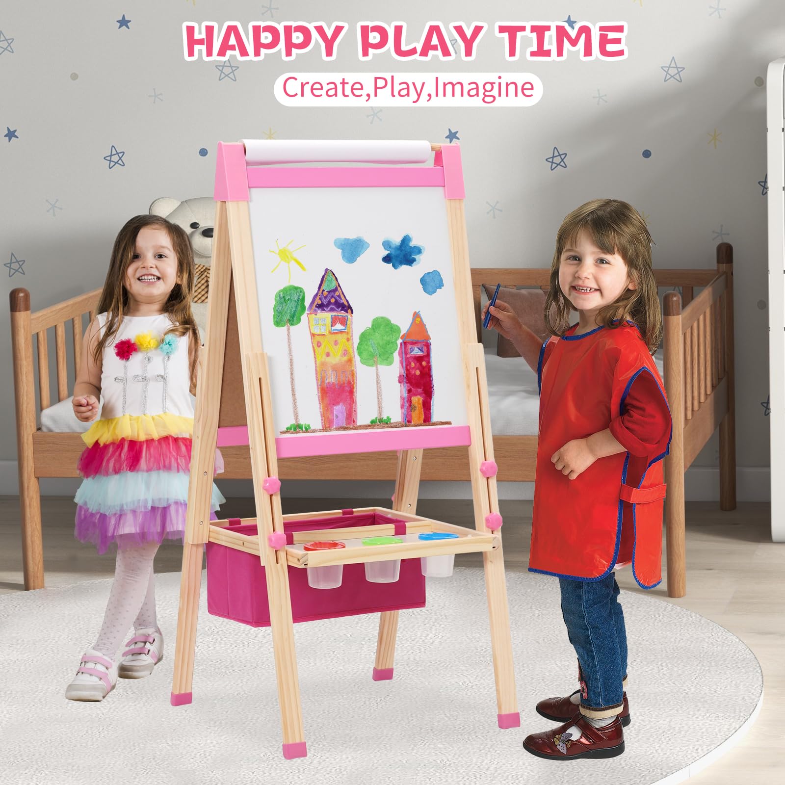 Caballete para Niños 3en1 con Rollo de Papel, Juego de Almacenamiento y Dibujo Pizarra de Doble Cara con Altura Ajustable Caballete Pintura niños Tablero de Dibujo para Niños a Partir de 4 Años (Rosa)