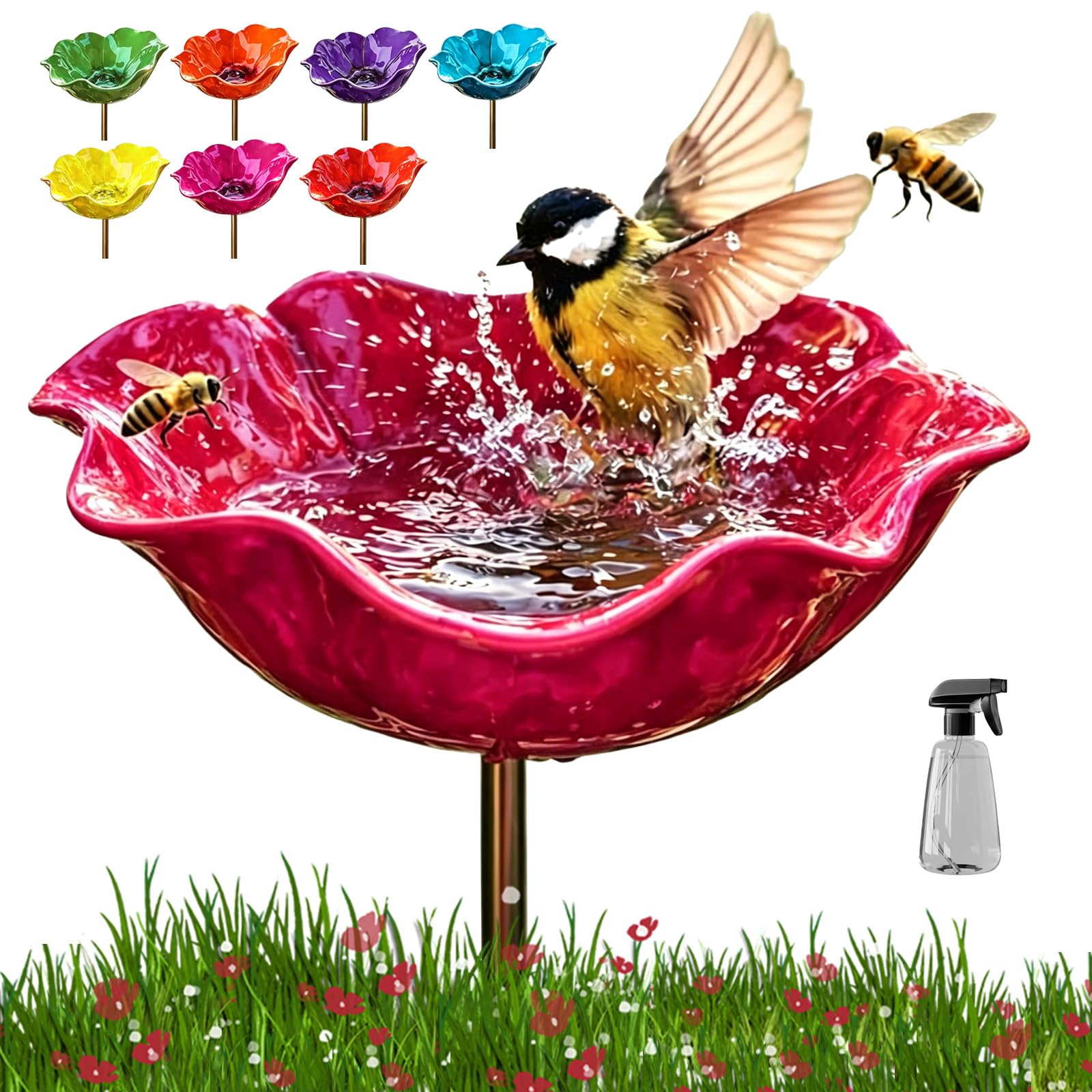 Handmade Metal Flower Garden Stake, Flower-Shaped Bird Bath & Bird Feeder for Nature Lovers, Colorful Butterfly Bee Watering Station for Outdoor Garden Lawn Yard Patio Landscape Decor (Pink)