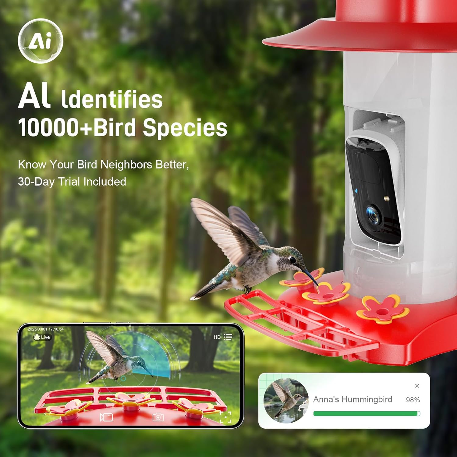 Hummingbird Feeder with Camera Outdoor, SV3C Hanging Bird Feeder with Ant Moat & Bee-Proof, HD 2K Solar Powered, AI Bird Identify, Instant App Alerts, Auto Capture, Hummingbird Lover Gifts, 21oz, Red - Image 2