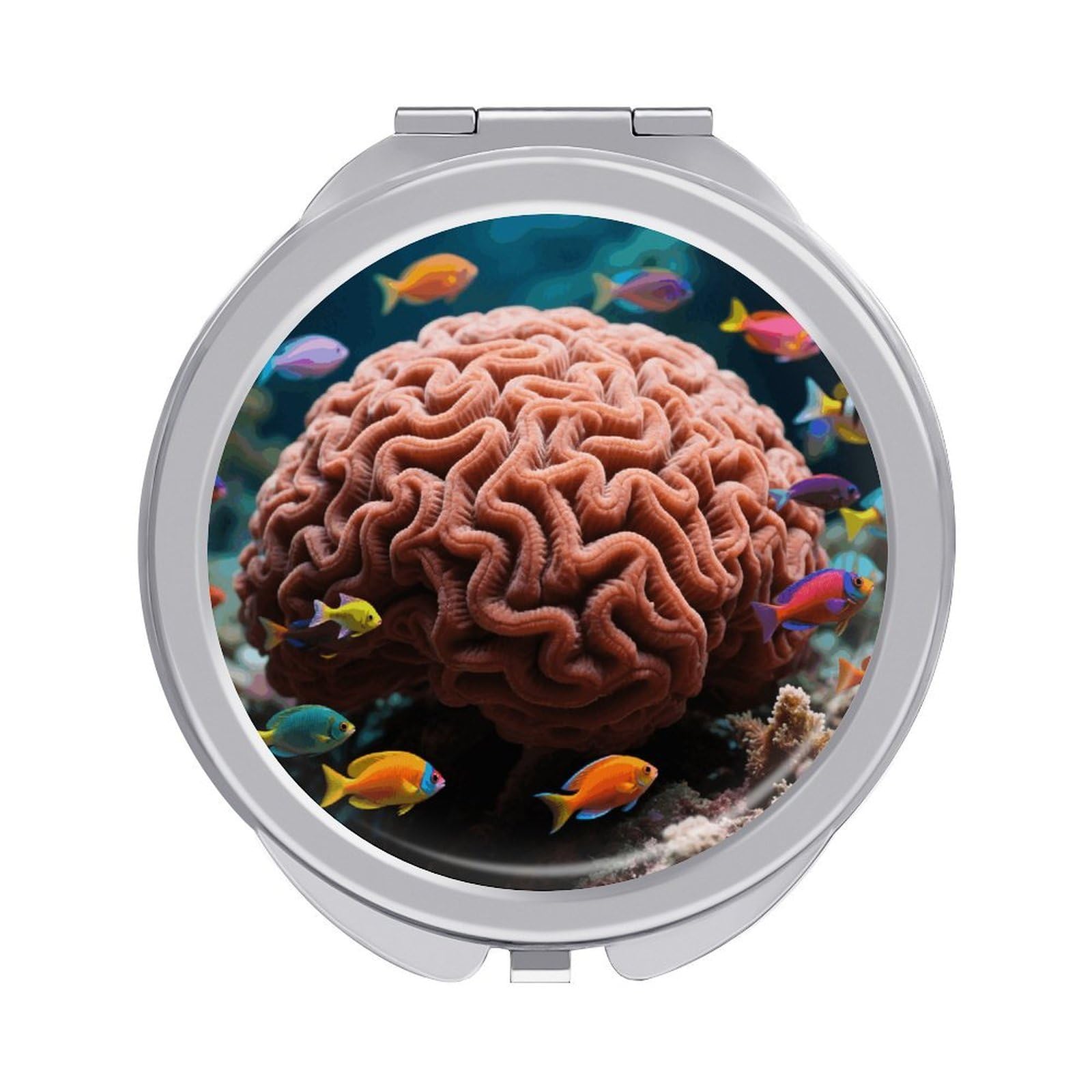 FodPand Compact Hand Mirror with 1x/2x Magnifying Round Travel Makeup Mirror Mini Foldable BrainCoral Cosmetic Mirrors Travel Essentials Gift for Women Girl Portable for Pocket Purse -Silver