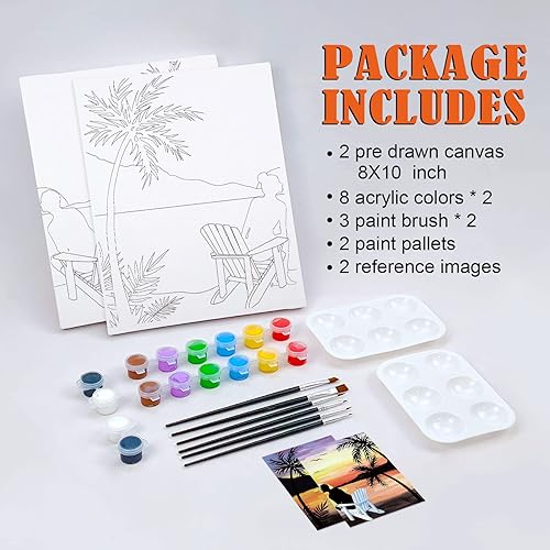 Miniatura 5 de Nuberlic Paquete de 2 lienzos predibujados para pintar sorbos y pintar para parejas de adultos, kit de pintura y sorbo para fiesta al aire libre,