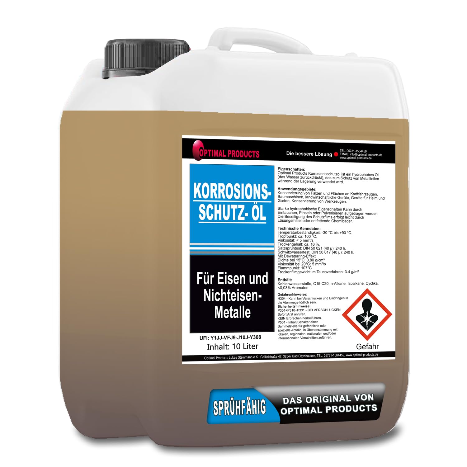 Optimal Products Huile de protection contre la corrosion 10 l I Huile de pulvérisation de protection contre la corrosion avec effet antirouille I Forme un film hydrofuge solide I Huile lubrifiante