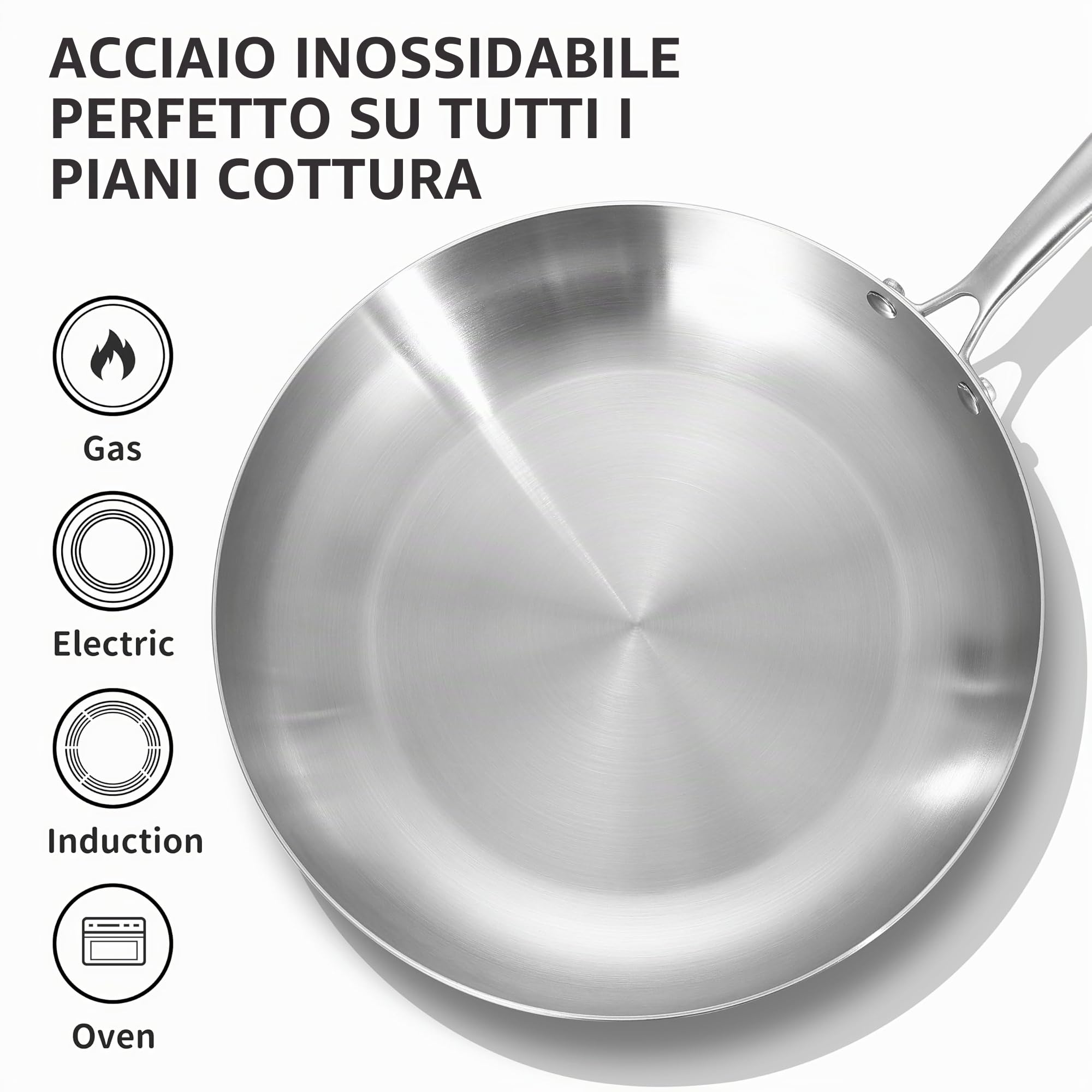 LOLYKITCH Set di 3 padelle in acciaio inox a tre strati da 21,5 a 25,4 - 30,5 cm, set di pentole a induzione, adatte per forno e lavastoviglie, manico rivettato
