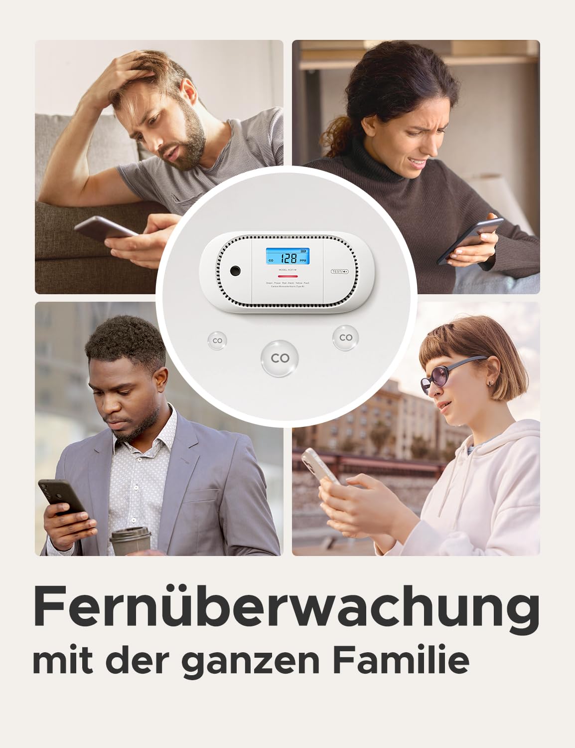 X-Sense XC01-M Kohlenmonoxid-Melder mit LCD-Anzeige, SBS50-Basisstation, austauschbarer Batterie, Spitzenwertspeicher, 1er-Pack