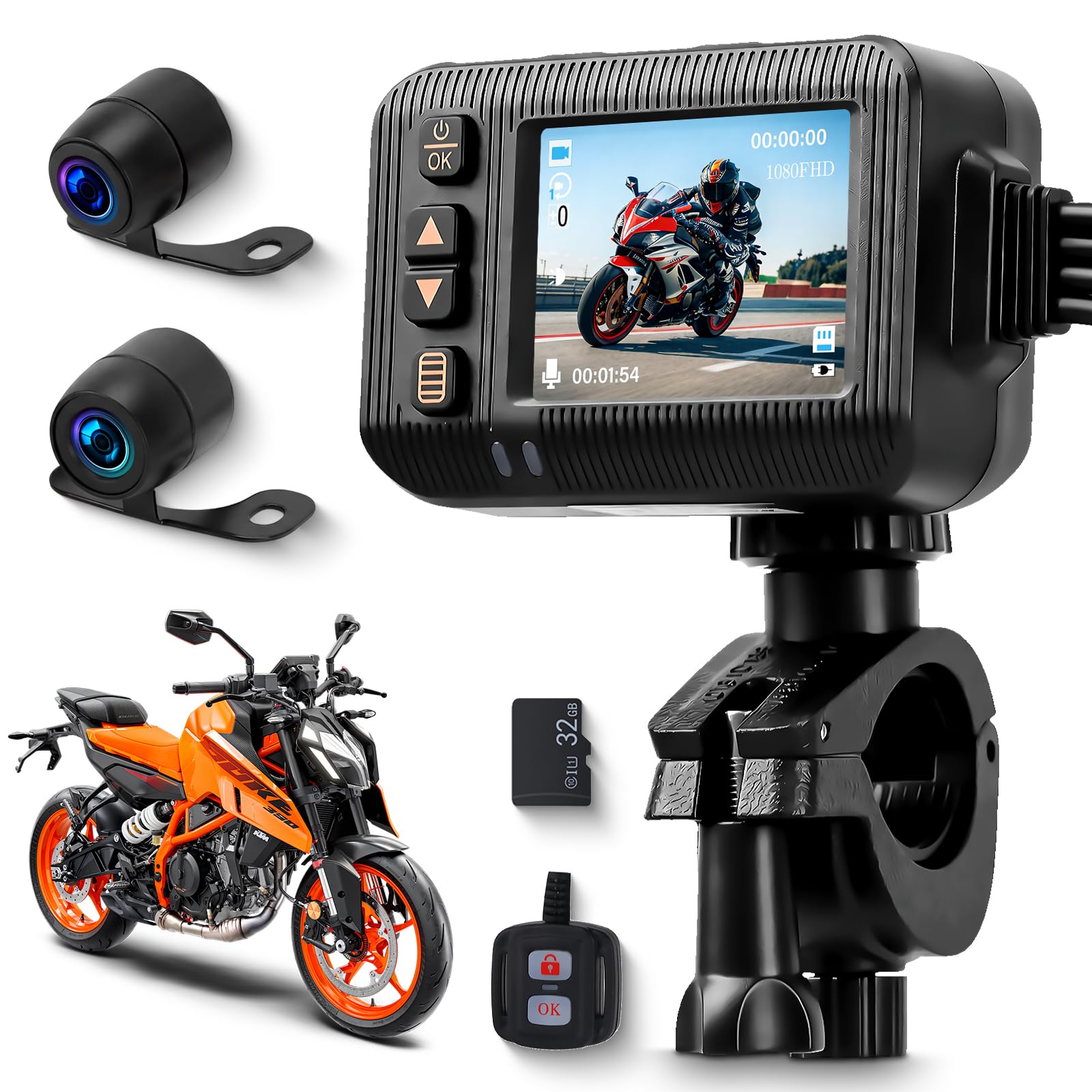 VECHTEL Caméra de tableau de bord de moto avant et arrière 1080p, écran HD 2", double caméra pour moto, étanche, enregistrement en boucle, capteur G intégré, télécommande et carte SD de 32 Go