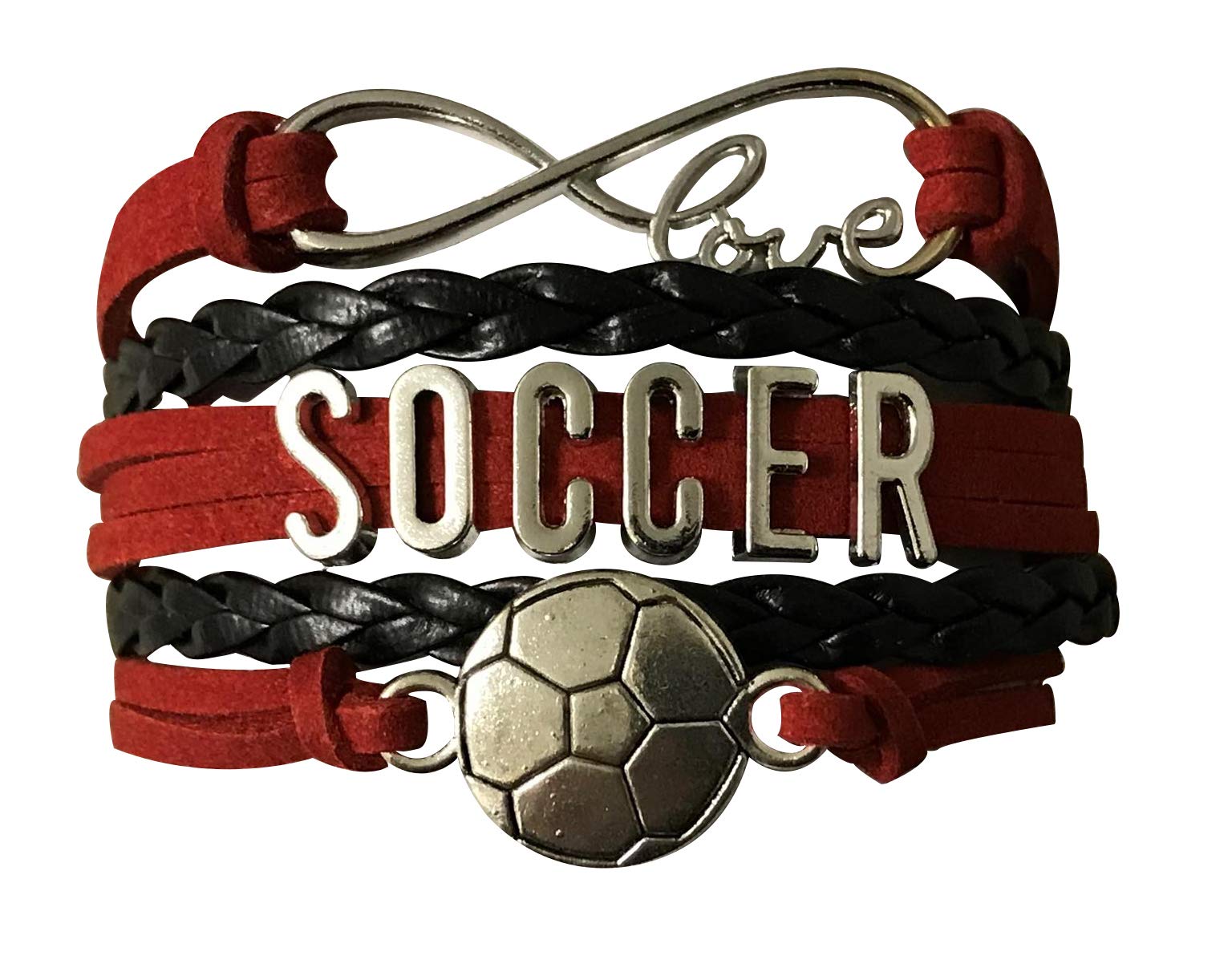 SportybellaSoccer Charm Bracelet - Infinity Love Adjustable Charm Bracelet with Soccer Charm Idea for Her, 7 inches, Silicone, leather