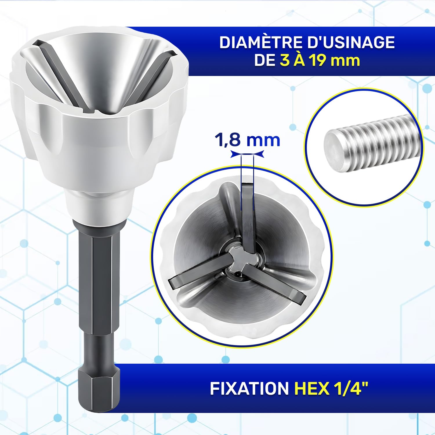 Outil Ébavurage à Chanfreiner Plage 1/4” HEX de Travail 3 mm - 19 mm - Convient pour Acier Inoxydable Acier Trempé le Cuivre le Laiton Aluminium la Fibre de Verre le Bois - MONTERAL