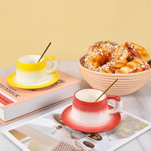 Miniatura 6 de Koythin Taza de café de cerámica con platillo, plato de taza de esmalte granular gradual para hombres y mujeres, regalo de cumpleaños, 6.5 onzas,