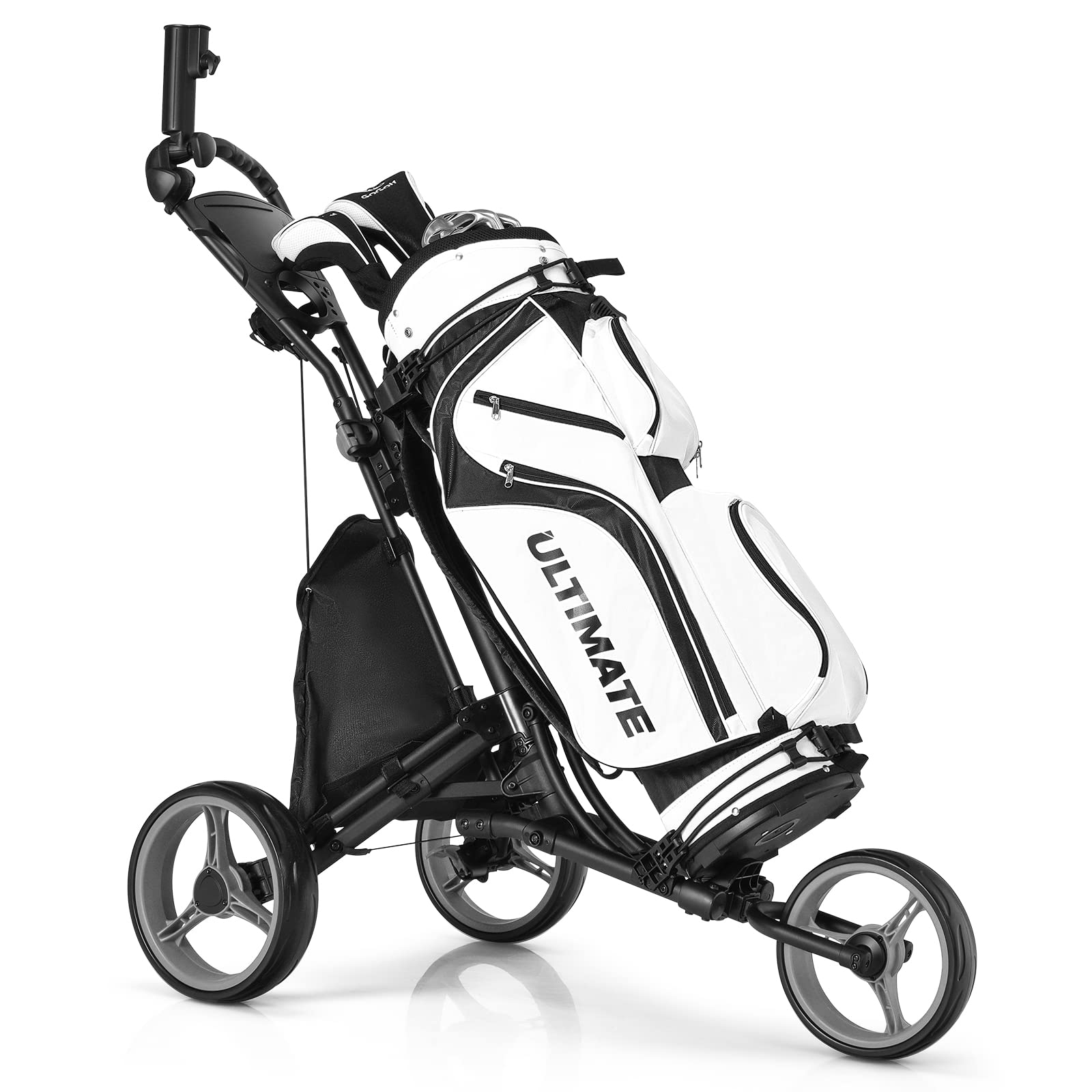 GOPLUS Carrito de Golf Plegable 3 Ruedas, Altura Ajustable, Aluminio, Portaparaguas, Bolsa Impermeable, Freno Pie, 121x70x116 cm