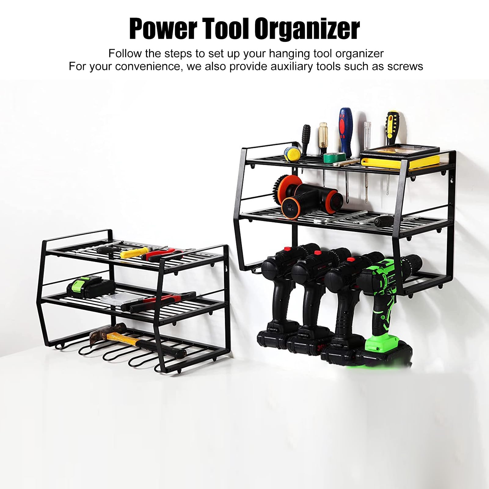 Organizador de herramientas eléctricas de 3 niveles, estante de almacenamiento de herramientas eléctricas montado en la pared, estante flotante resistente para herramientas, color negro