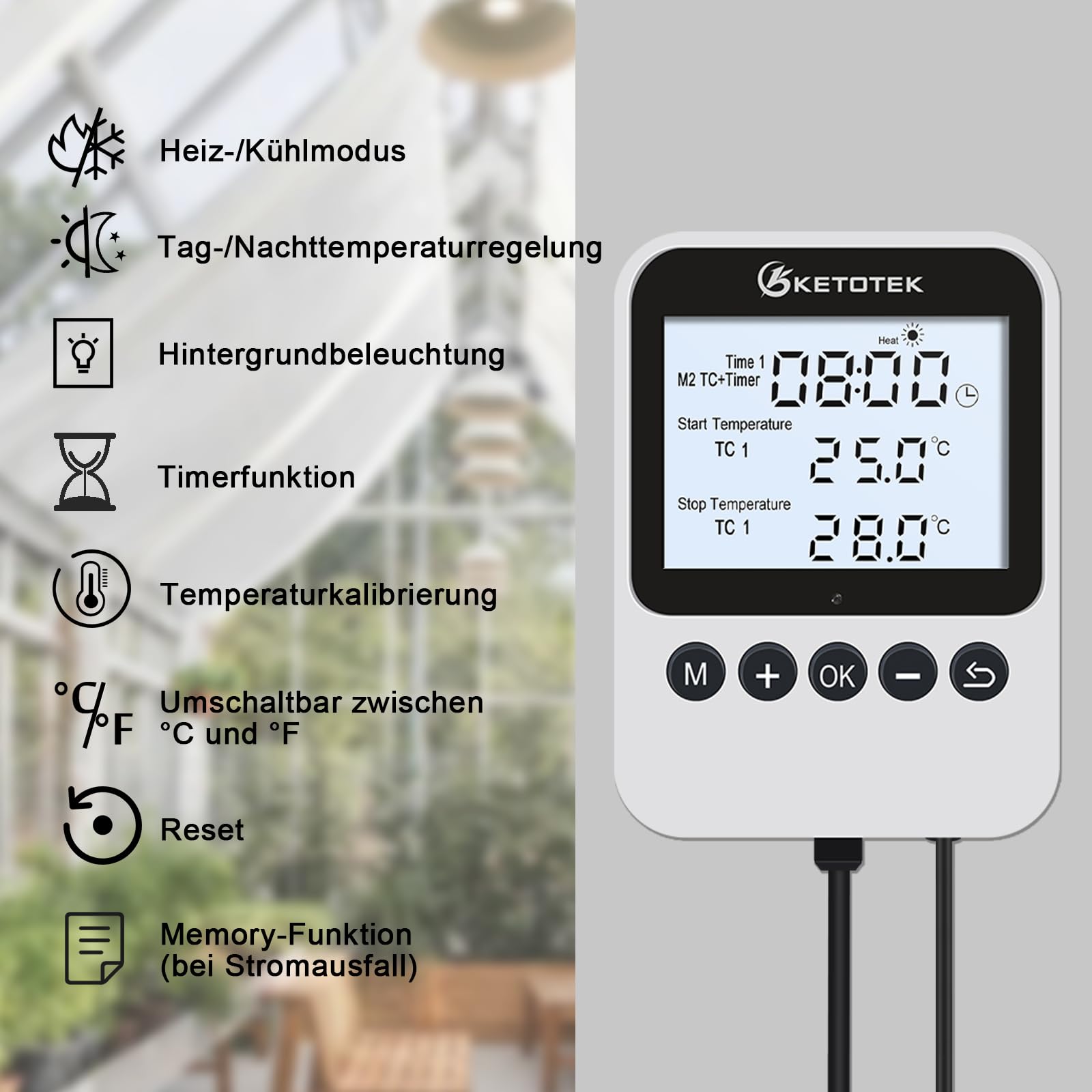 KETOTEK Digitaler Steckdosenthermostat mit Zeitschaltuhr 230V, Thermostat Steckdose mit Tag & Nacht Temperaturregler und 3m Fühler, Heiz- und Kühlfunktion für Terrarium Reptilien Gewächshaus