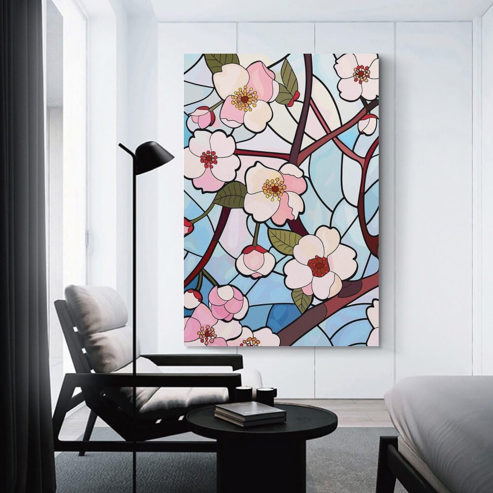 Junmoney Stained Glass Cherry Blossoms Decorative Canvas Print, 24x36inch(60x90cm), for Hallway, Bedroom Or Modern Interiors, Gift Idea for Housewarming And Birthdays