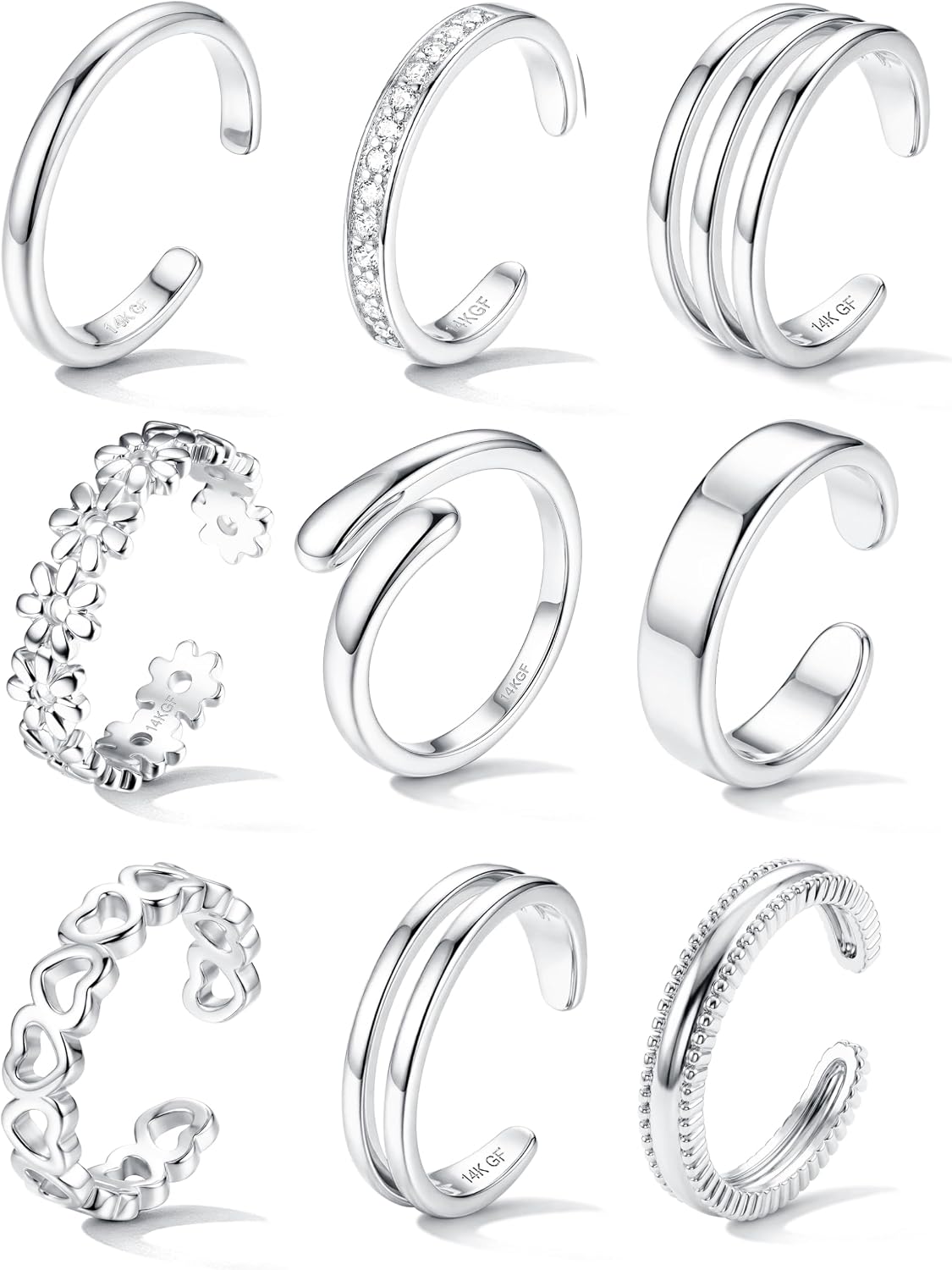 FASACCO 14K Gold Filled Toe Rings Non Tarnish Toe Rings for Women Adjustable Open Band Rings Silver Plated Toe Ring Waterproof Summer Beach Foot Jewelry 9Pcs