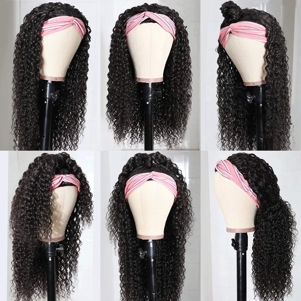 Eooma Curly Headband Wig Human Hair Wigs for Black Women (14 inch) Brazilian Curly None Lace Front Wigs Human Hair Scarf No Gel Gluelees Remy Hair Headband Wig