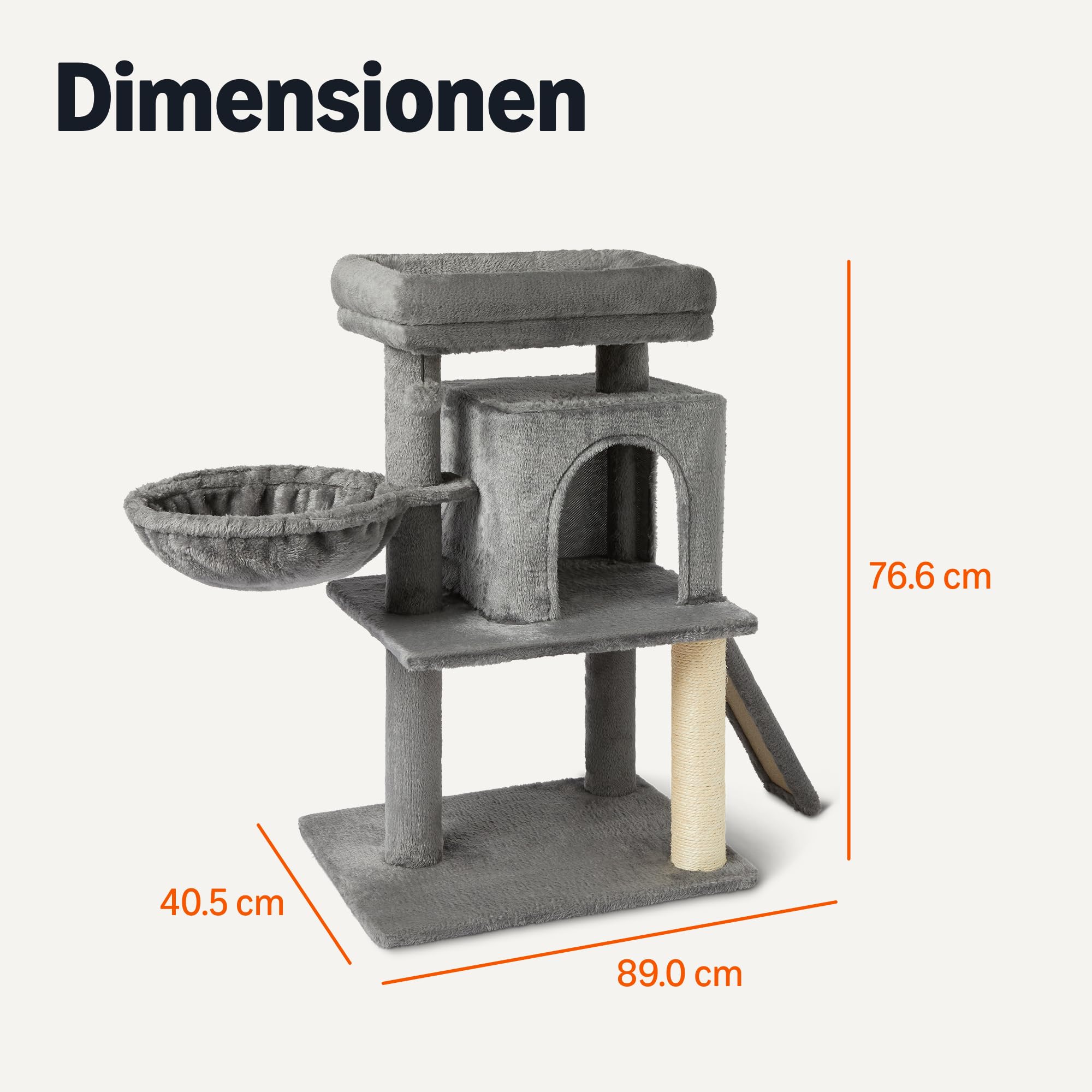 Amazon Basics Mehrstöckiger Kratzbaum für Katzen mit 2 Katzenhäuschen, Hängematte, Sisalrampe, Hängeball, FSC-Zertifiziert, 76,2 cm Höhe, Grau