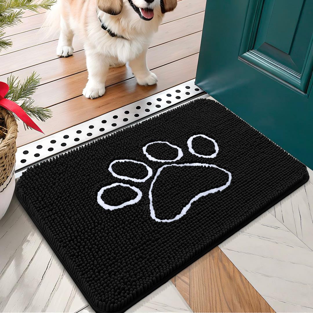 OLANLY Dog Door Mat for Muddy Paws 24x16, Paw Print Design, Absorbs Moisture and Dirt, Absorbent Non-Slip Washable Doormat, Quick Dry Chenille Mud Mat