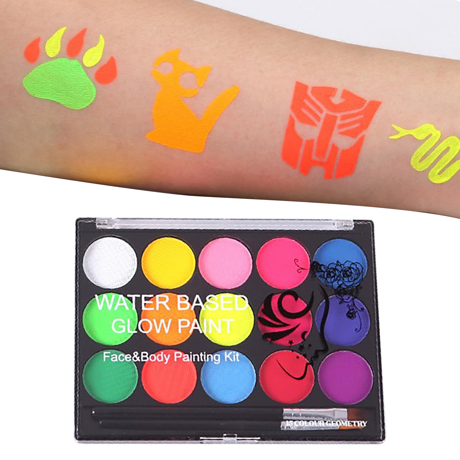Pongnas Fluorescencyjna Farba do Ciała, 15 Kolorów Jasnej, Długotrwałej Palety do Makijażu z bezpieczną formułą przyjazną dla Skóry, na imprezę Halloweenową Cosplay Występ na Scenie