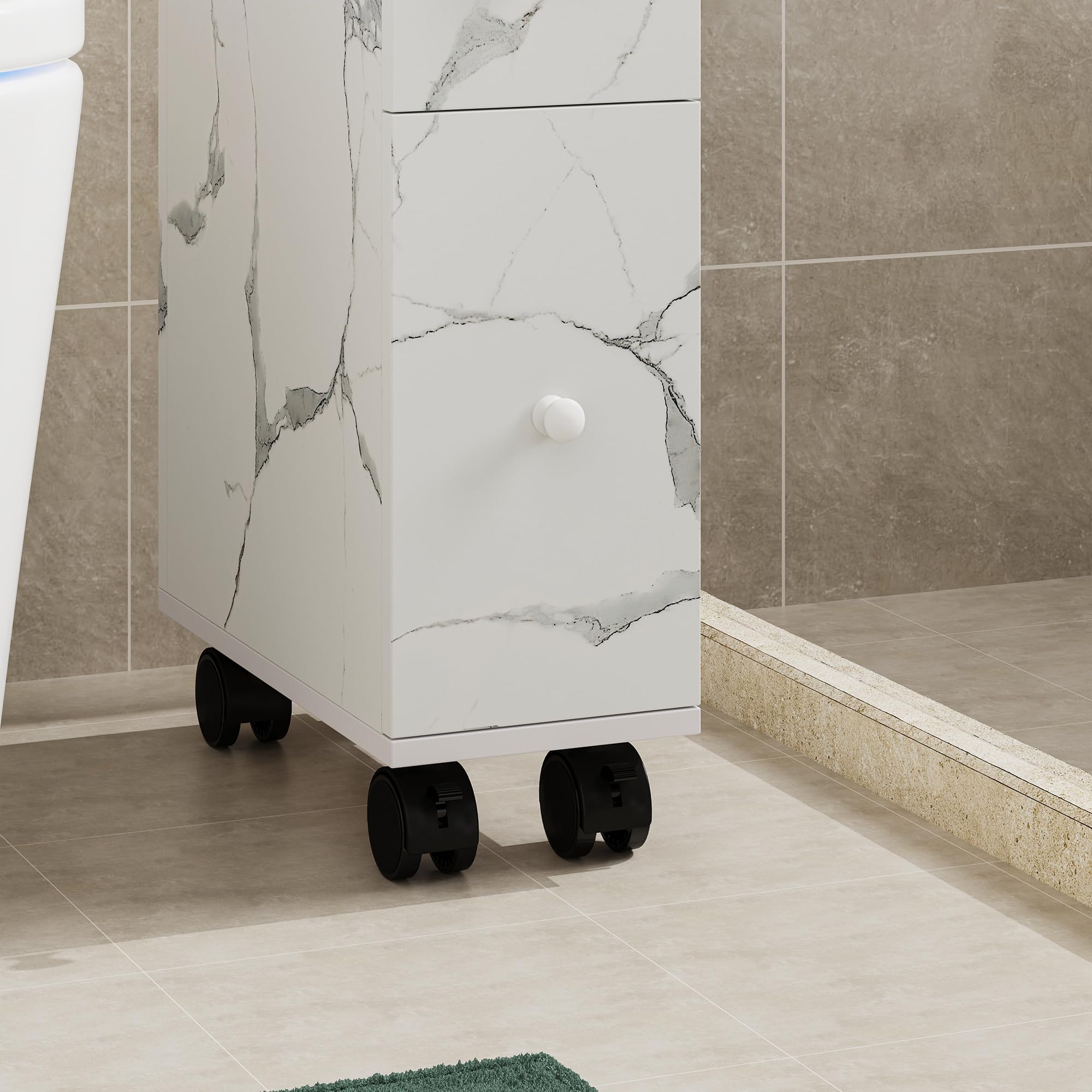 [en.casa] Mobile da Bagno Stretto a Rotelle con 2 Cassetti e Scomparto Aperto Armadietto Estraibile Multiuso per Cucina Lavanderia Ufficio 66 x 15 x 33 cm - Effetto Marmo Bianco