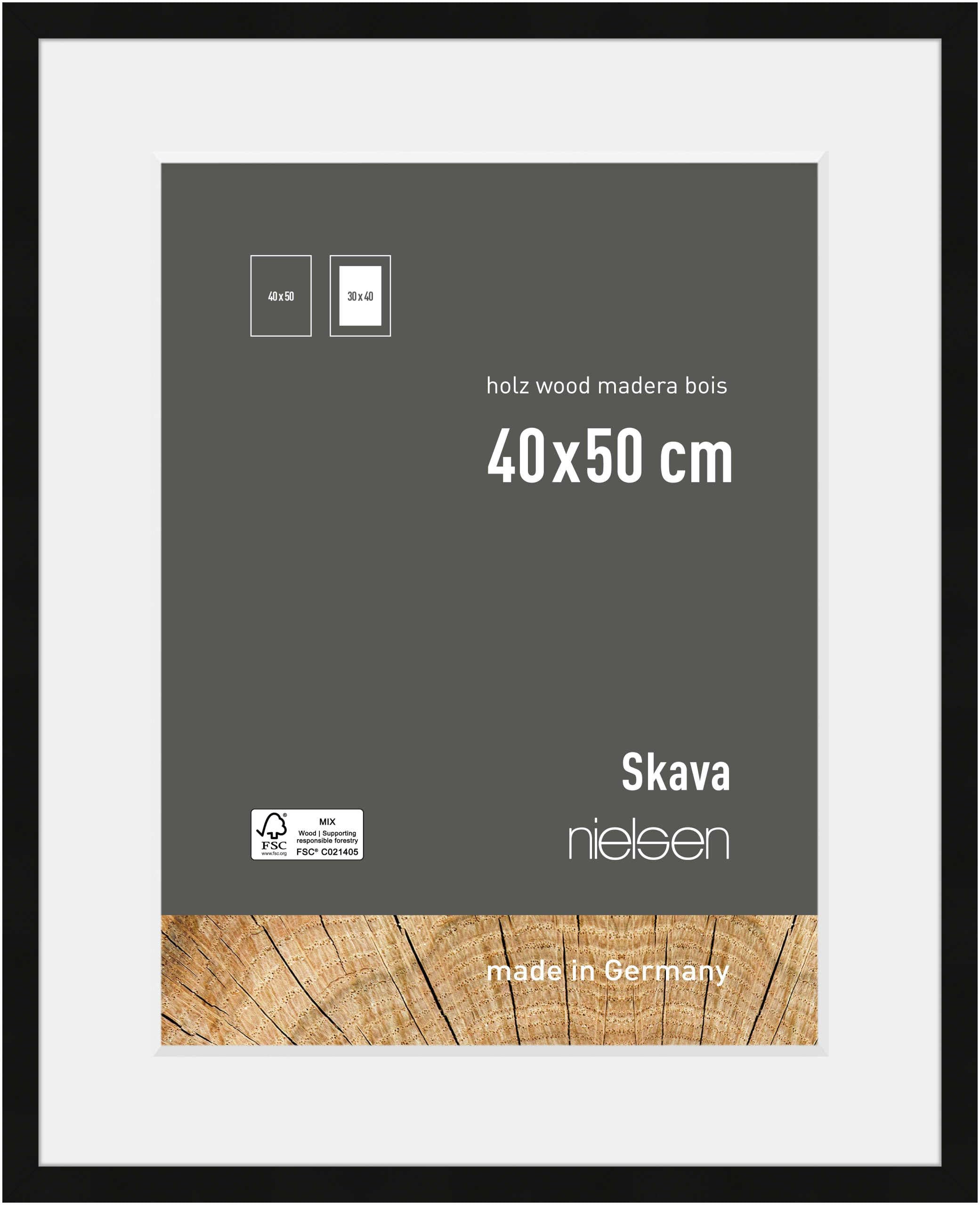 nielsen Skava Wooden Picture Frame - Black 40x50cm with White Mount to fit 30x40cm photo - Float Glass and Easy Push-Turn Clips