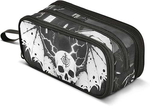 Miniatura 8 de Nylon Large Pencil Bag Mysterious Evil Skull Tarot Cards Black and White High Capacity Zipper Mesh Pencil Case Stationery Bag for High School