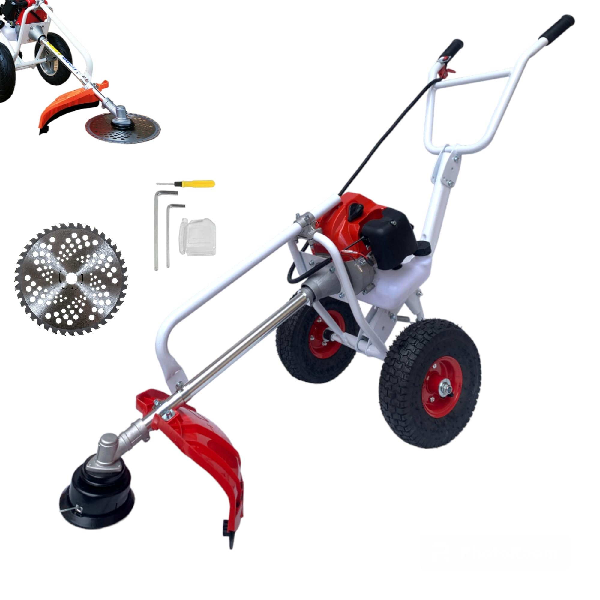 Decespugliatore a Scoppio 63CC 2HP 2 Tempi con Ruote a Spinta Tagliaerba Rasaerba Tosaerba a Carrozzella Carrellato per Giardinaggio fai da te