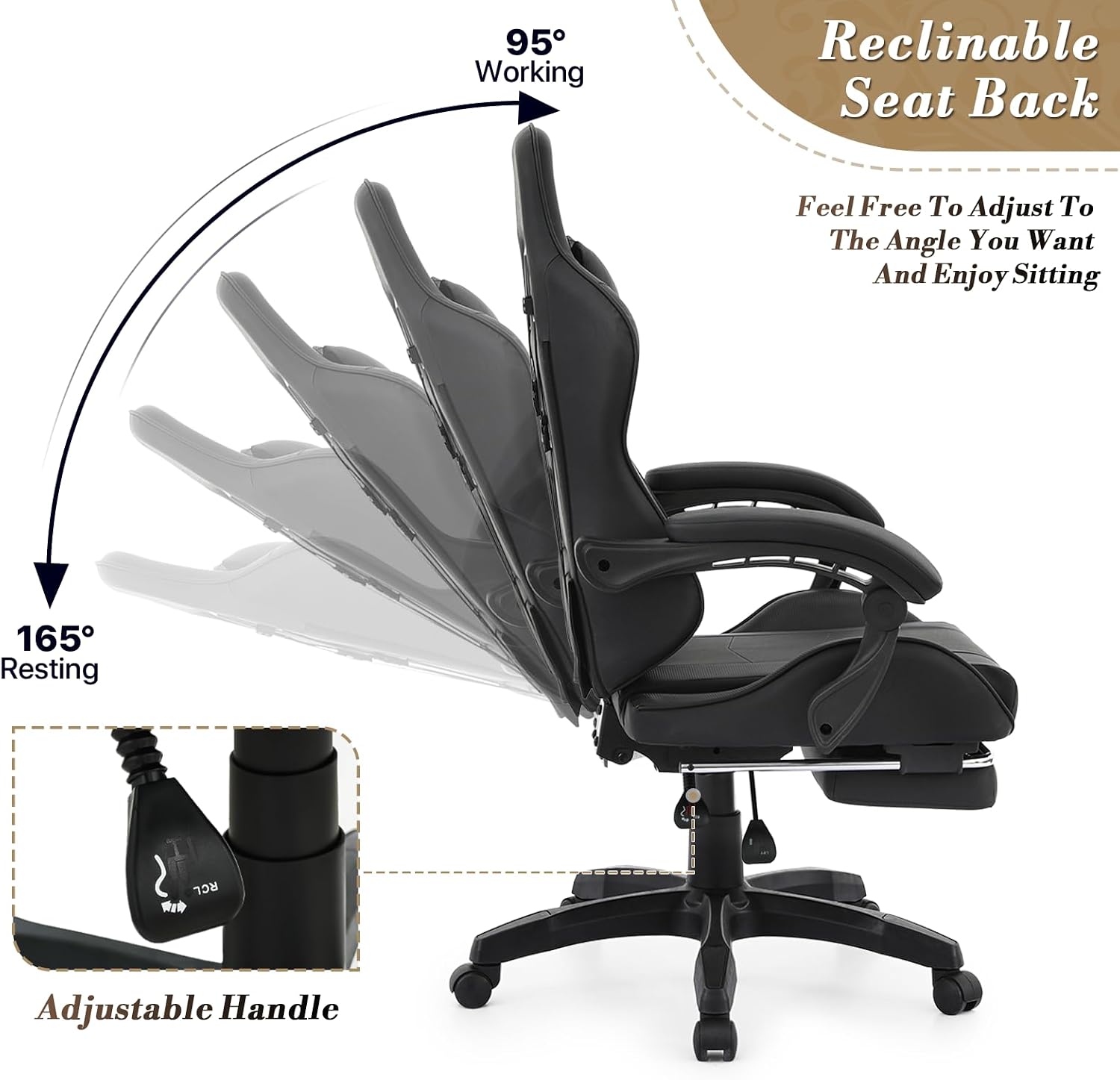 Athena Collection Ergonomic Gaming Chair with Footrest & Headrest Lumbar Support, Height Adjustable Swivel Office Chair Leather High Back Computer Desk Chair Reclining Chair for Adults Kids, Black