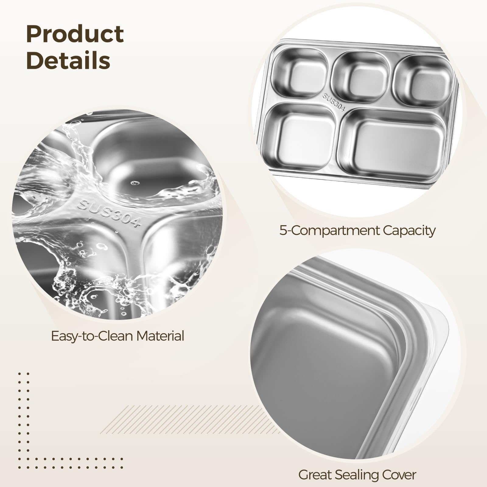 Bosreroy Stainless Steel Meal Prep Containers with Lids, 5-Section Snack Trays for Kids, Reusable, 10.2 in X 7.1 in X 1.6 in