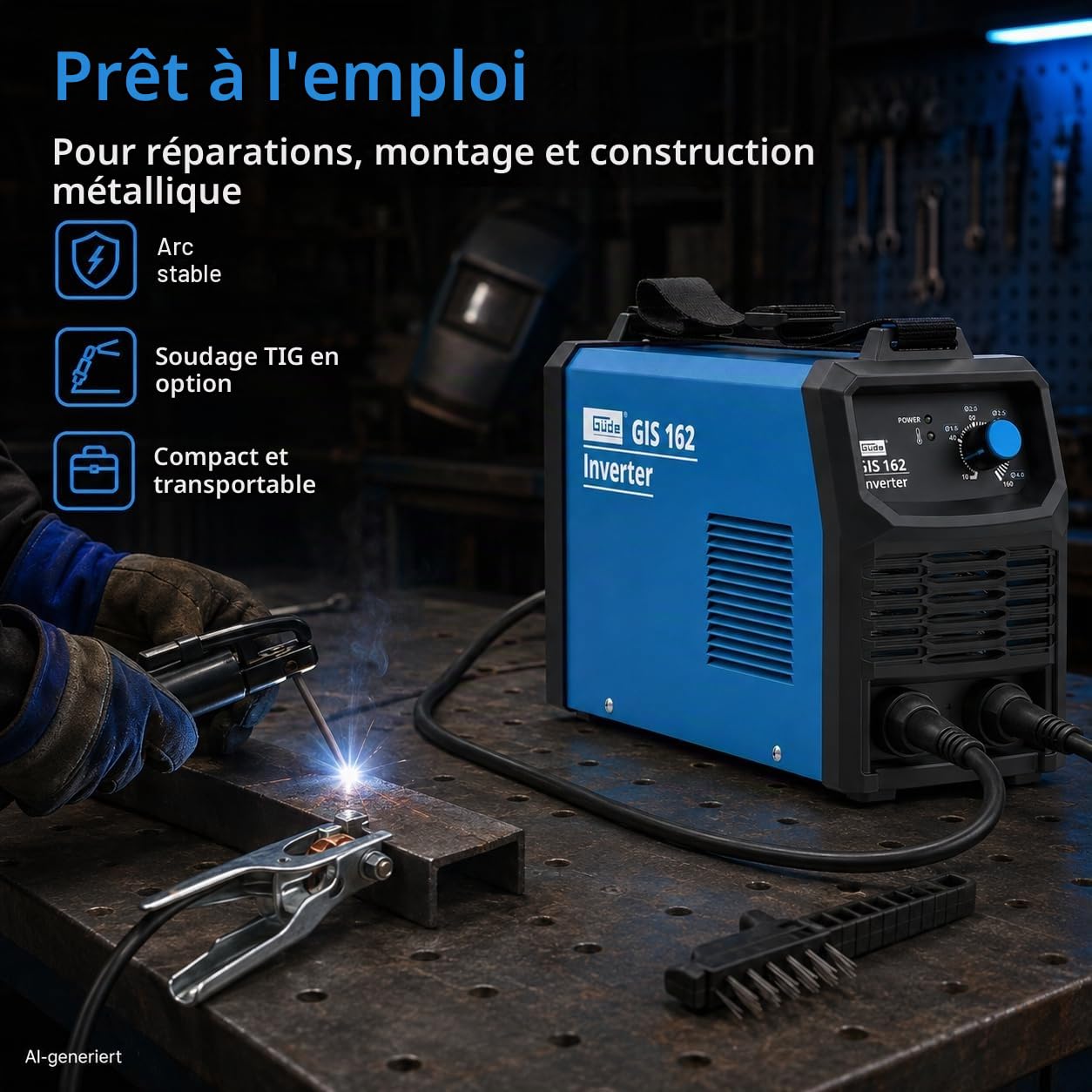 Güde Poste à souder Inverter GIS 162 (230 V, 15,5 W, puissance à vide 5,0 kVA max. puissance secteur, plage de régulation 10-160 A, courant de soudure, avec support d'électrodes, borne de masse