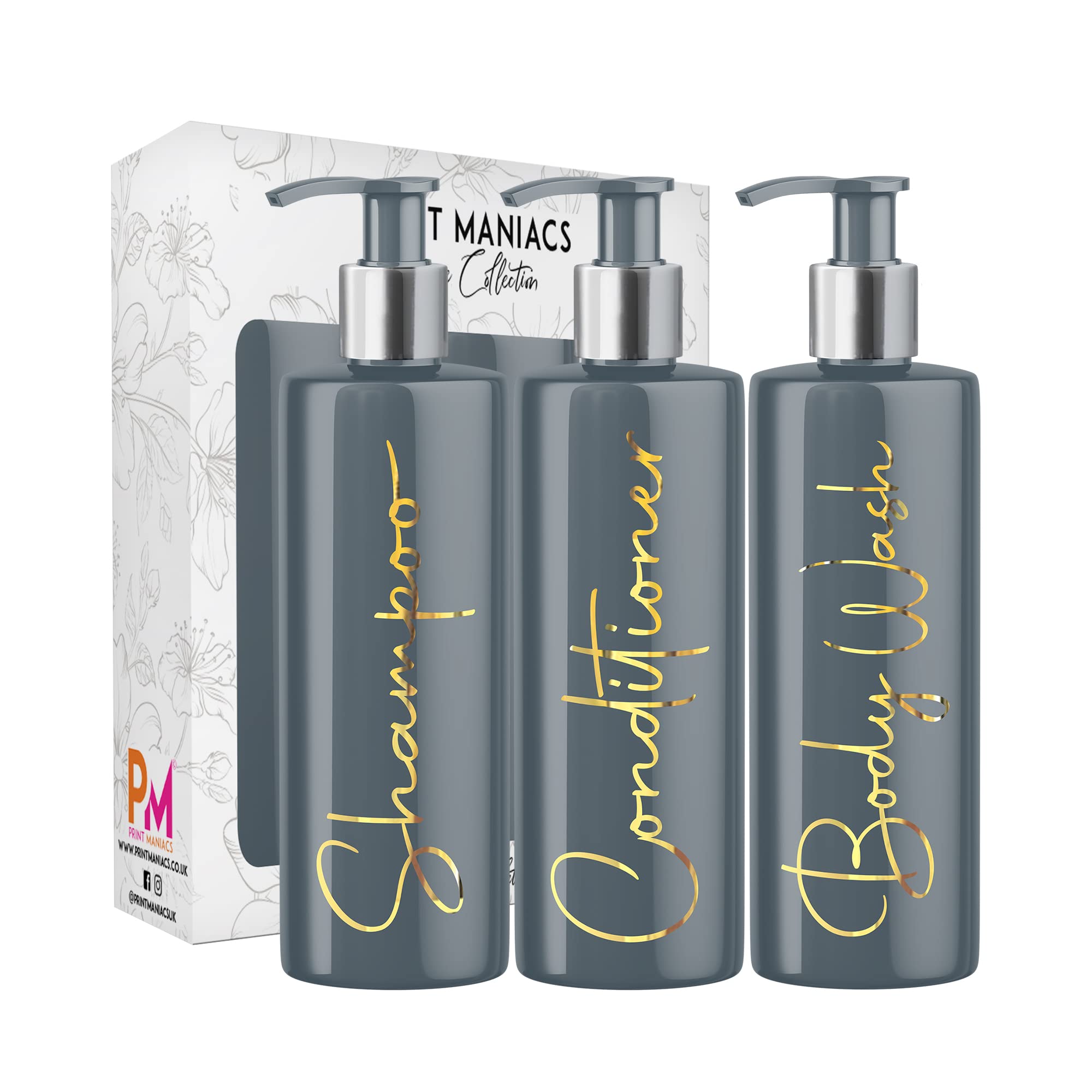 Print Maniacs Grey Mrs Hinch Inspired Personalised 500ml Pump Bottles Bathroom Lotion Kitchen Set Shampoo Conditioner Body Wash F2 (Gold, Set of 3) — image 1