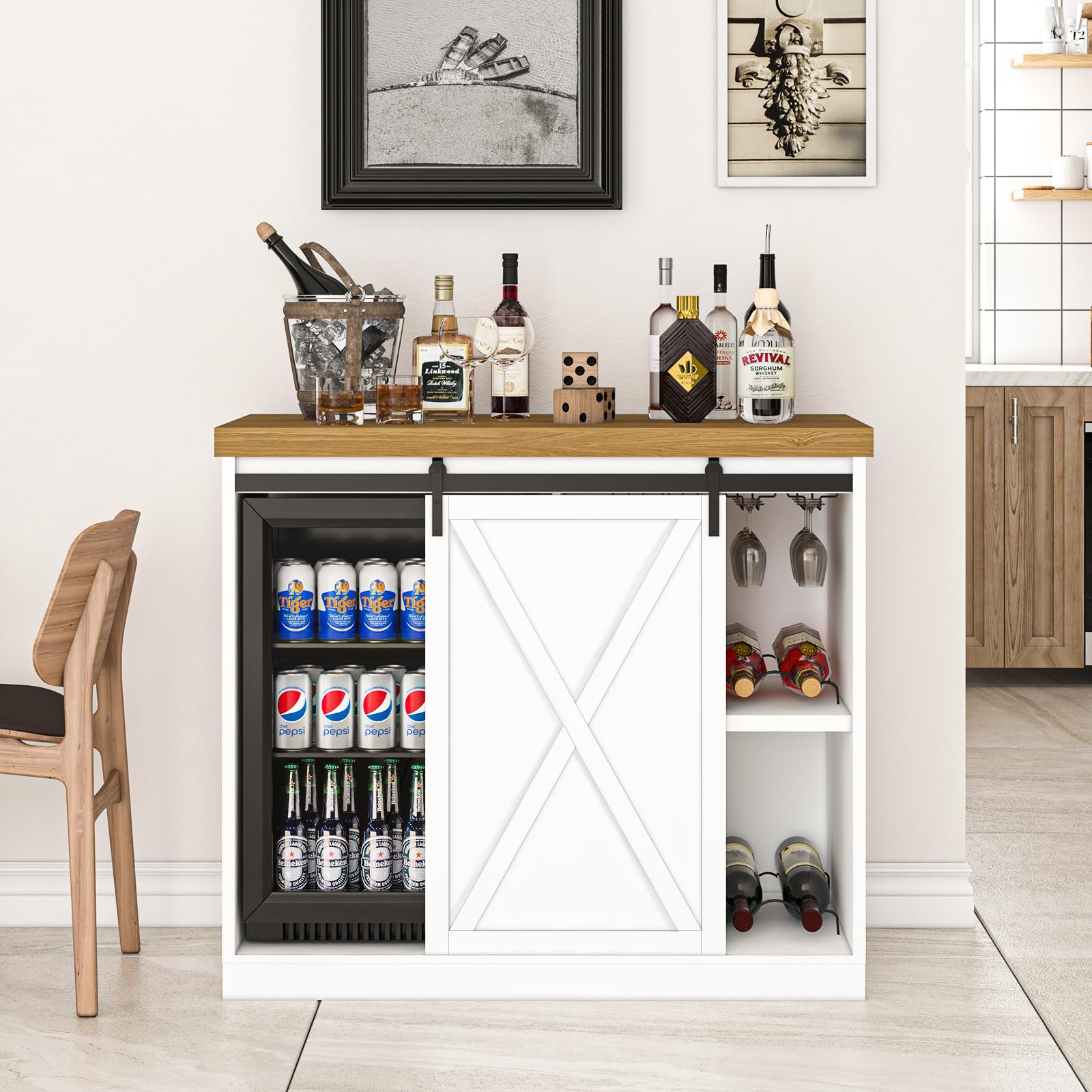 49.2" Coffee Bar Cabinet with Mini Fridge Space, Farmhouse Wine Bar Cabinet with Barn Doors, Fridge Cabinet with Power Outlet, Wine Rack, Glass Holder for Kitchen Dining Room Living Room, White