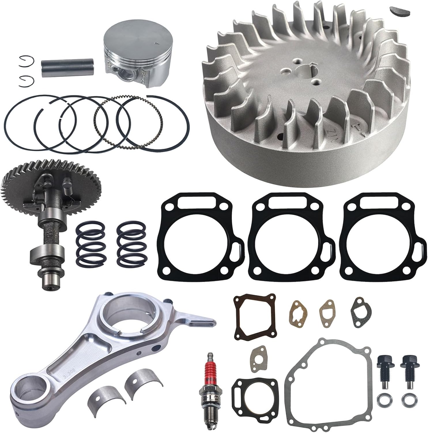 .308 Camshaft With 3.308" Billet Aluminum Connecting Rod And 10krpm Flywheel With 26lb Valve Spring And 70mm Flat Top Piston Kit For Predator 212cc Hemi Engine Minibike Go Kart Performance Parts