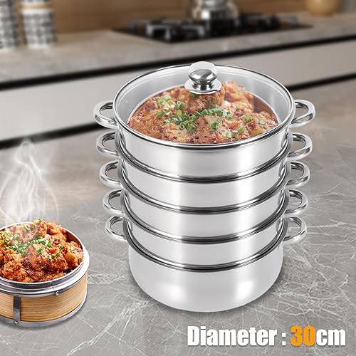 Miniatura 3 de Olla de vapor, olla de acero inoxidable de 5 niveles con tapa de vidrio y asas antiquemaduras, olla de cocción para cocinas de inducción, estufas de