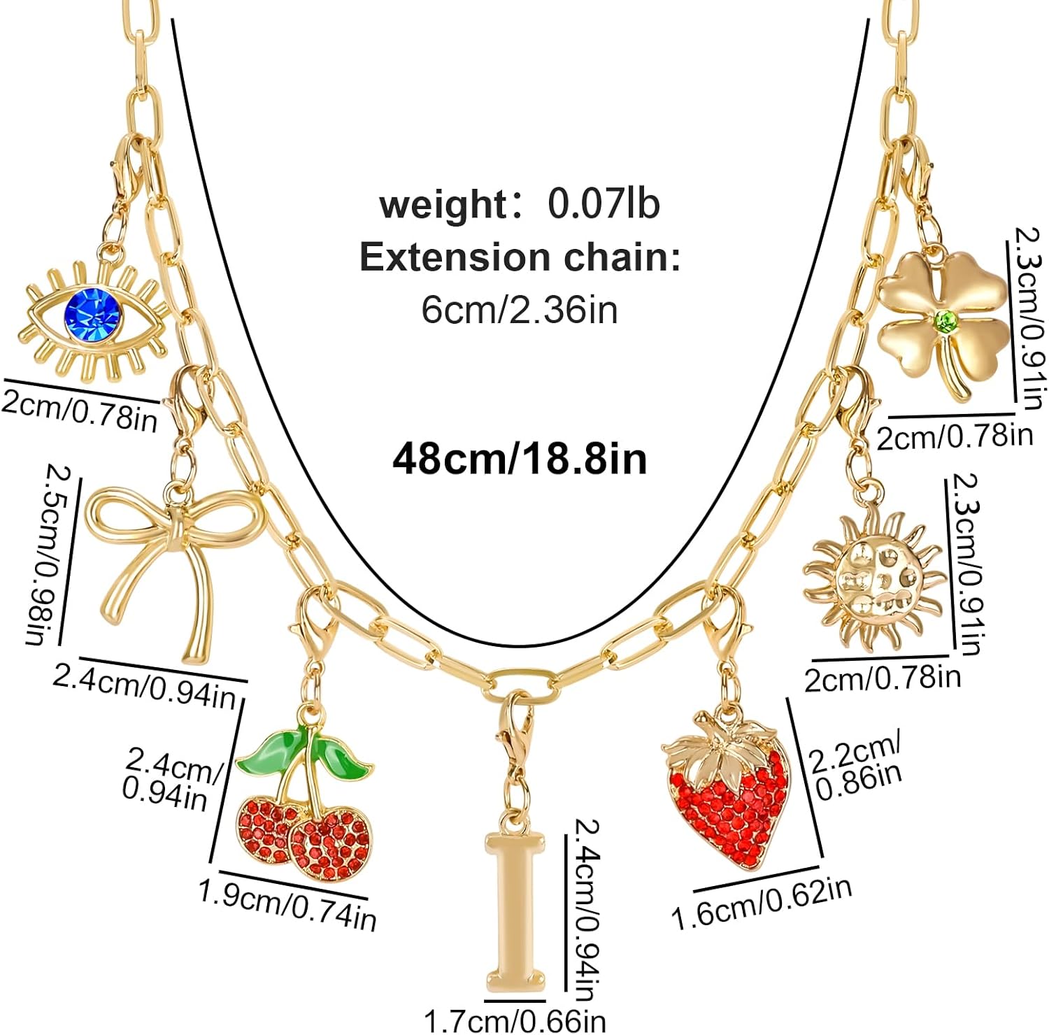 Initial Charm Necklace for Women, Evil Eye Four-Leaf Clover Sun Bow Cherry Strawberry Removable Charms Necklace Paper Clip Chain Choker, Trendy Jewelry Birthday Christmas Gifts for Her (Letter I ) - Image 3