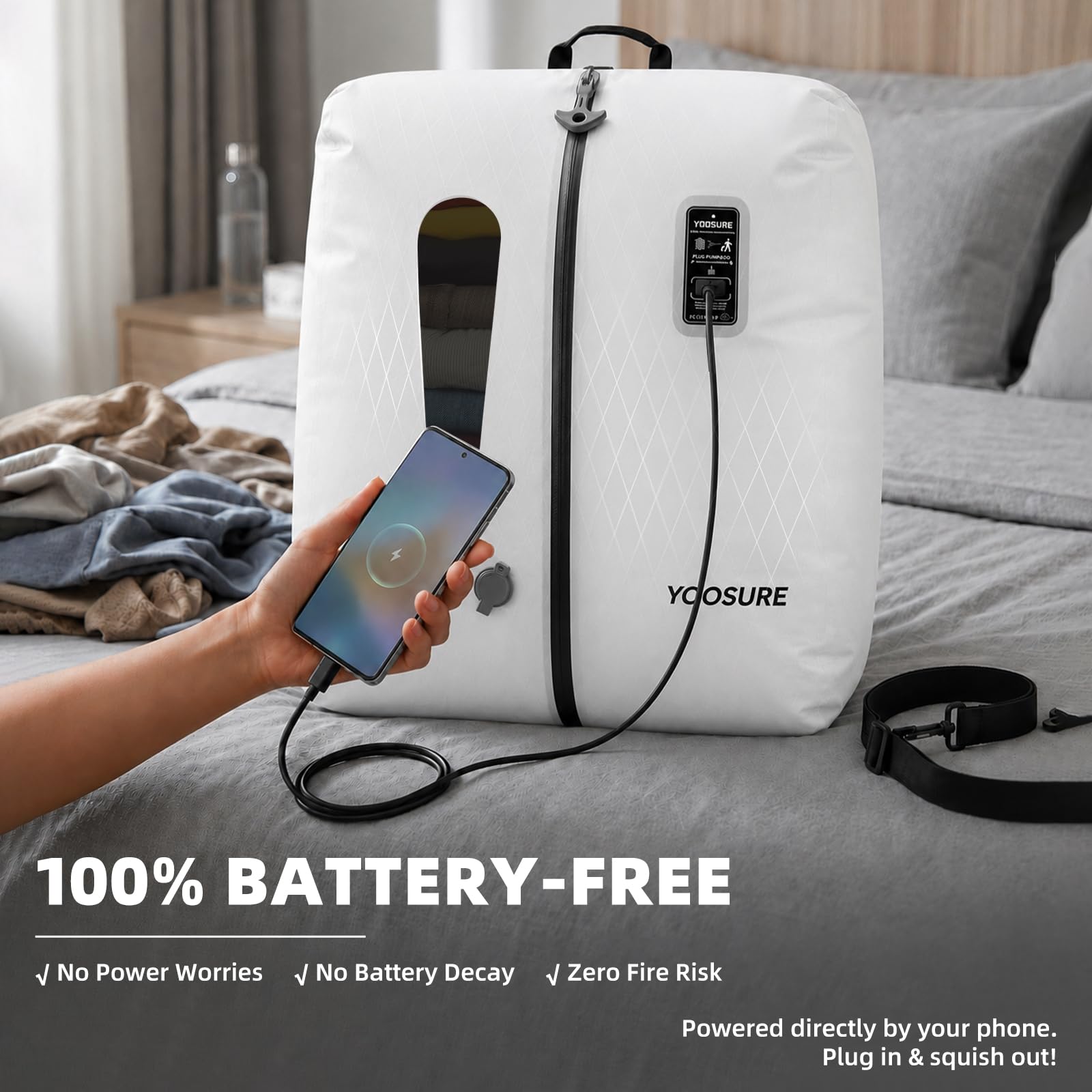 50L Vakuum-Reisetasche mit eingebauter USB-C-Pumpe, 100% batteriefreier Kompressionsbeutel für Reisen, Typ-C-platzsparender Packwürfel, universelle Passform für Koffer & Handgepäck