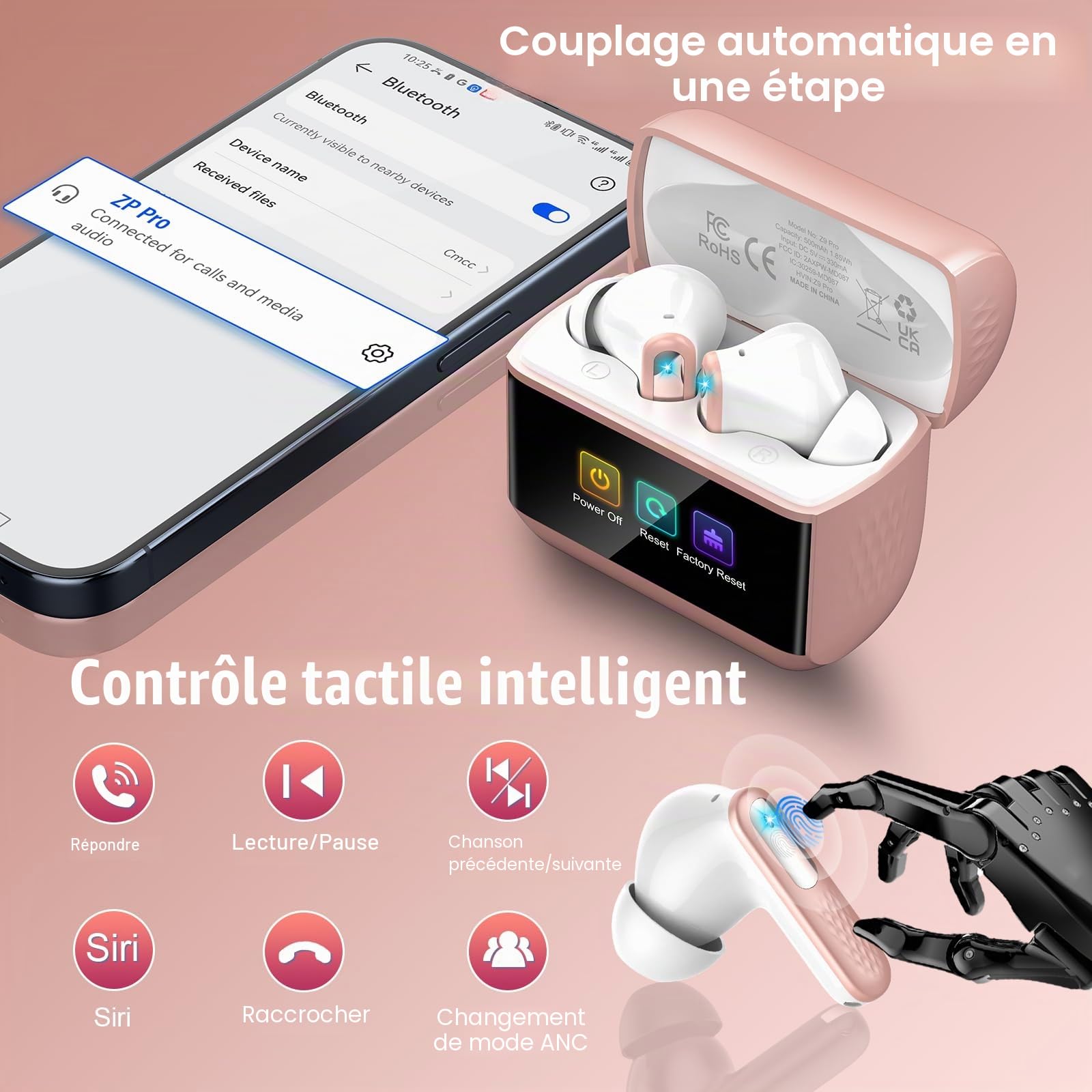 ZYHKON Écouteurs sans Fil avec écran Tactile Intelligent, Bluetooth 5.4 avec Micro, étanchéité IP7, Racine de Lotus Rose