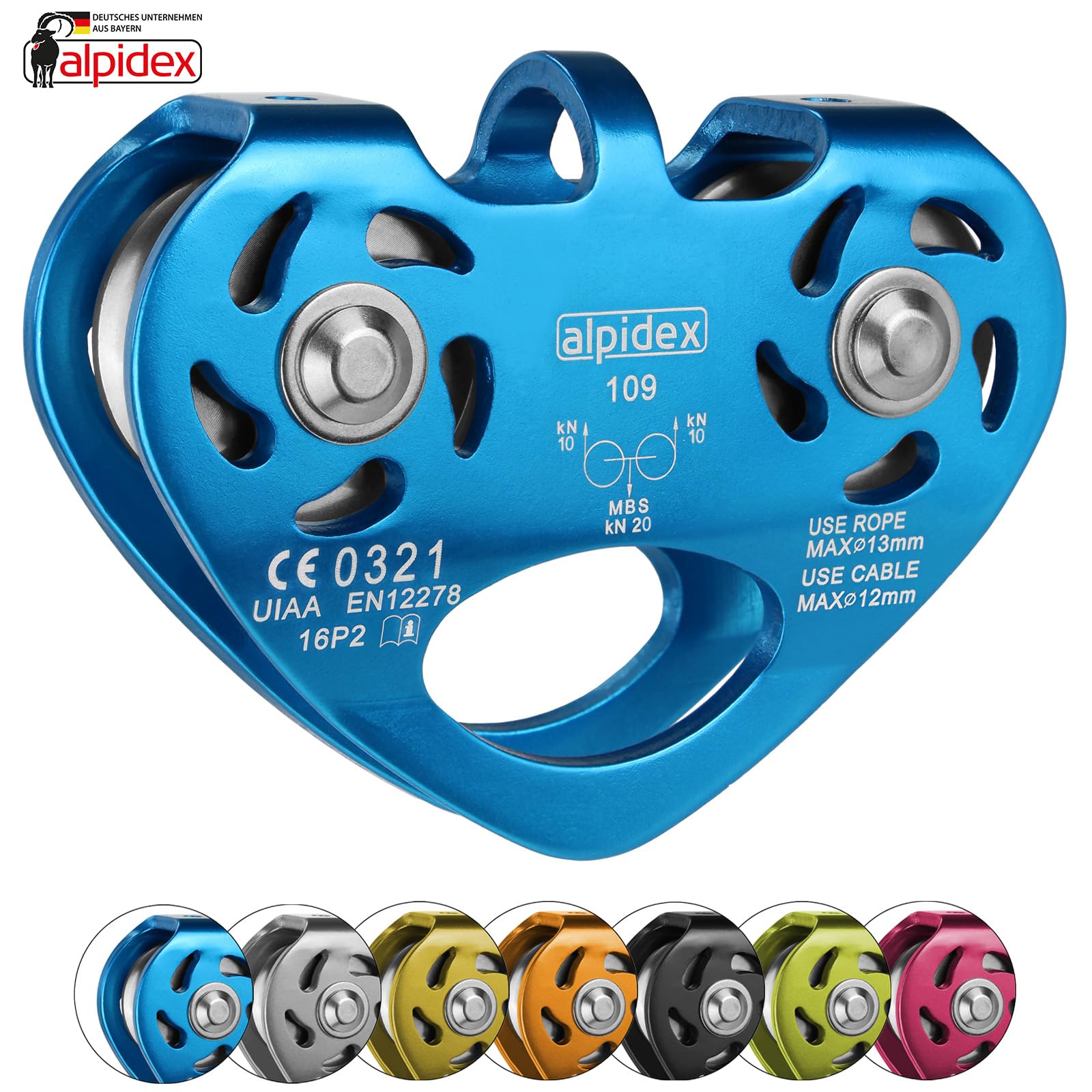 ALPIDEX Tandemrolle Seilrolle 20 kN | Umlenkrolle | Tandem Pulley | Norm EN12278 | Kugellager | Doppelte Rollen | Stahlseile bis 12 mm Ø | Textilseile bis 13 mm Ø | Doppelseilrolle - Farbe: blau