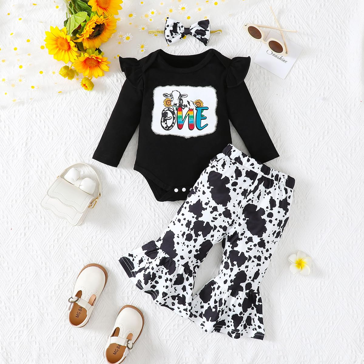 Russarnd Baby Girl 1st Birthday Outfit - Toddler Cow Birthday Clothes (Black, 18-24 Months)