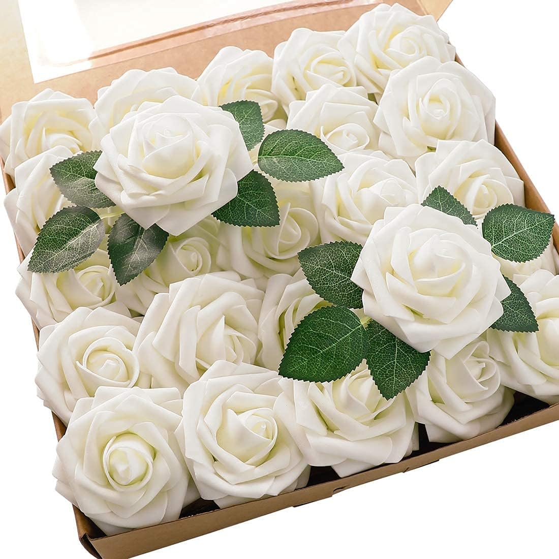 Artificial Flowers Real Looking Ivory Foam Fake Roses with Stems for DIY Wedding Bouquets White Bridal Shower Centerpieces Arrangements Party Tables Decoration, 25pcs (Ivory)