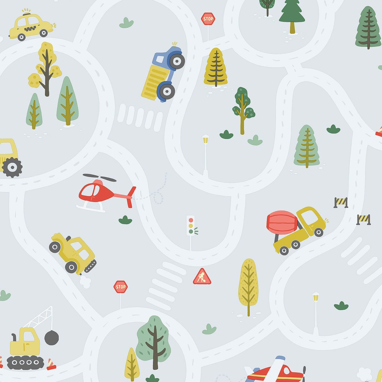 Holden Storybook Roundabout Road Fun Vehicle and Traffic Themed Wallpaper with Cars, Trucks, Helicopters, Diggers for a Playful Boys Bedroom Wall Light Blue (14082)