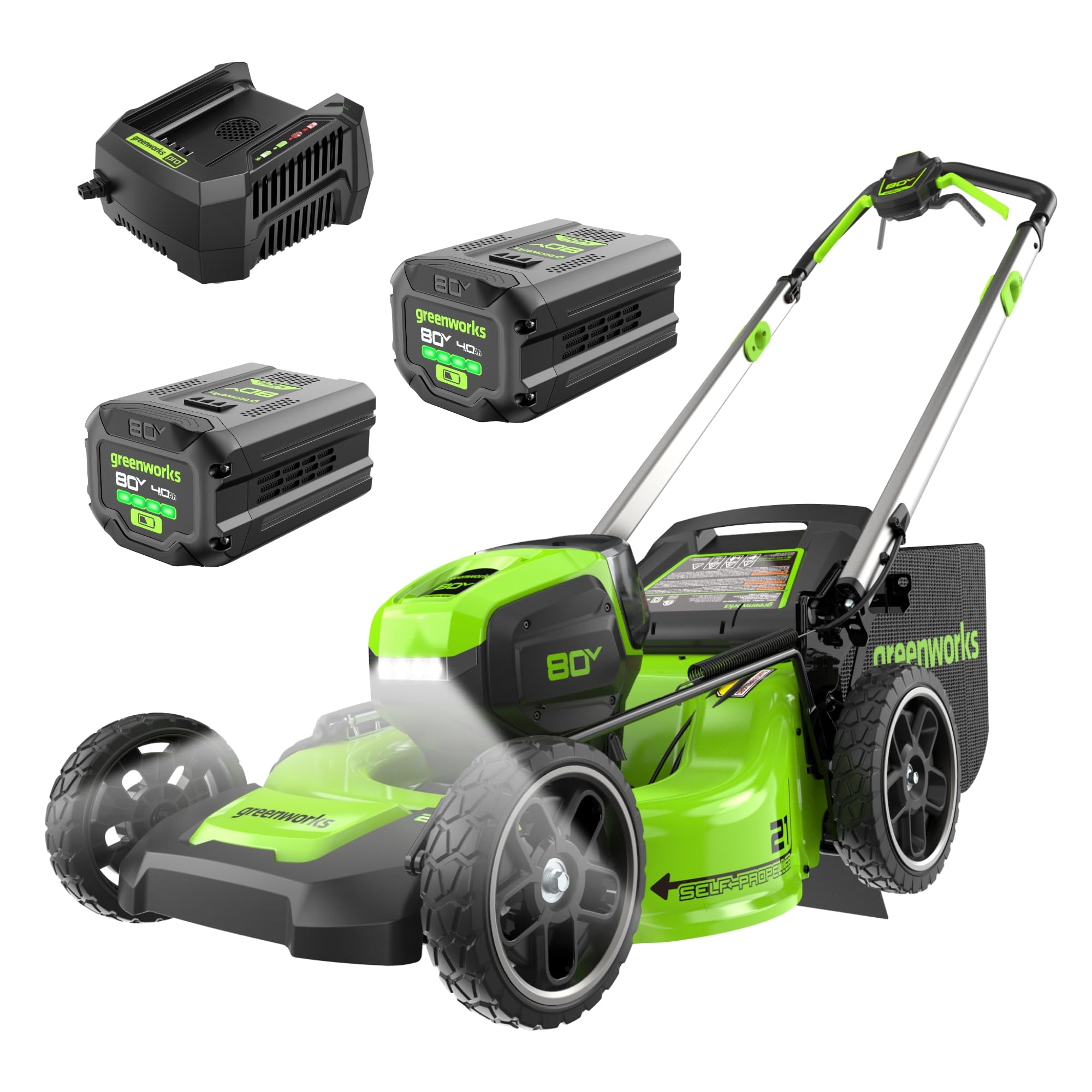 Greenworks 80V 21" Brushless Cordless (Self-Propelled) Lawn Mower (LED Headlight + Aluminum Handles), (2) 4.0Ah Batteries and Rapid Charger Included (75+ Compatible Tools)