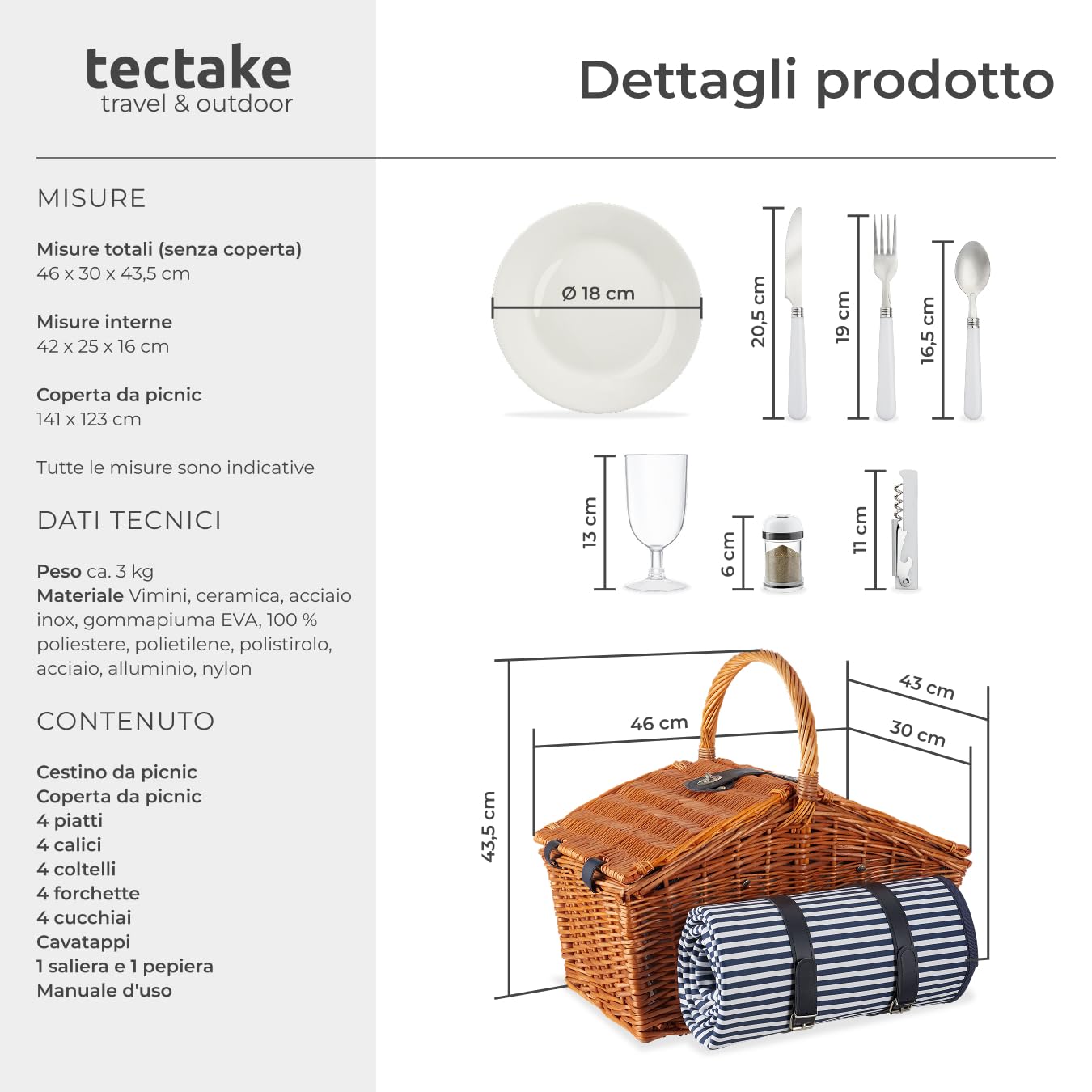 tectake®, cestino picnic 4 persone, cesto picnic vimini, coperta impermeabile, scomparto refrigerante, set picnic 23 pezzi, cestino termico picnic, camping accessori, camper, cesto picnic - Usedom