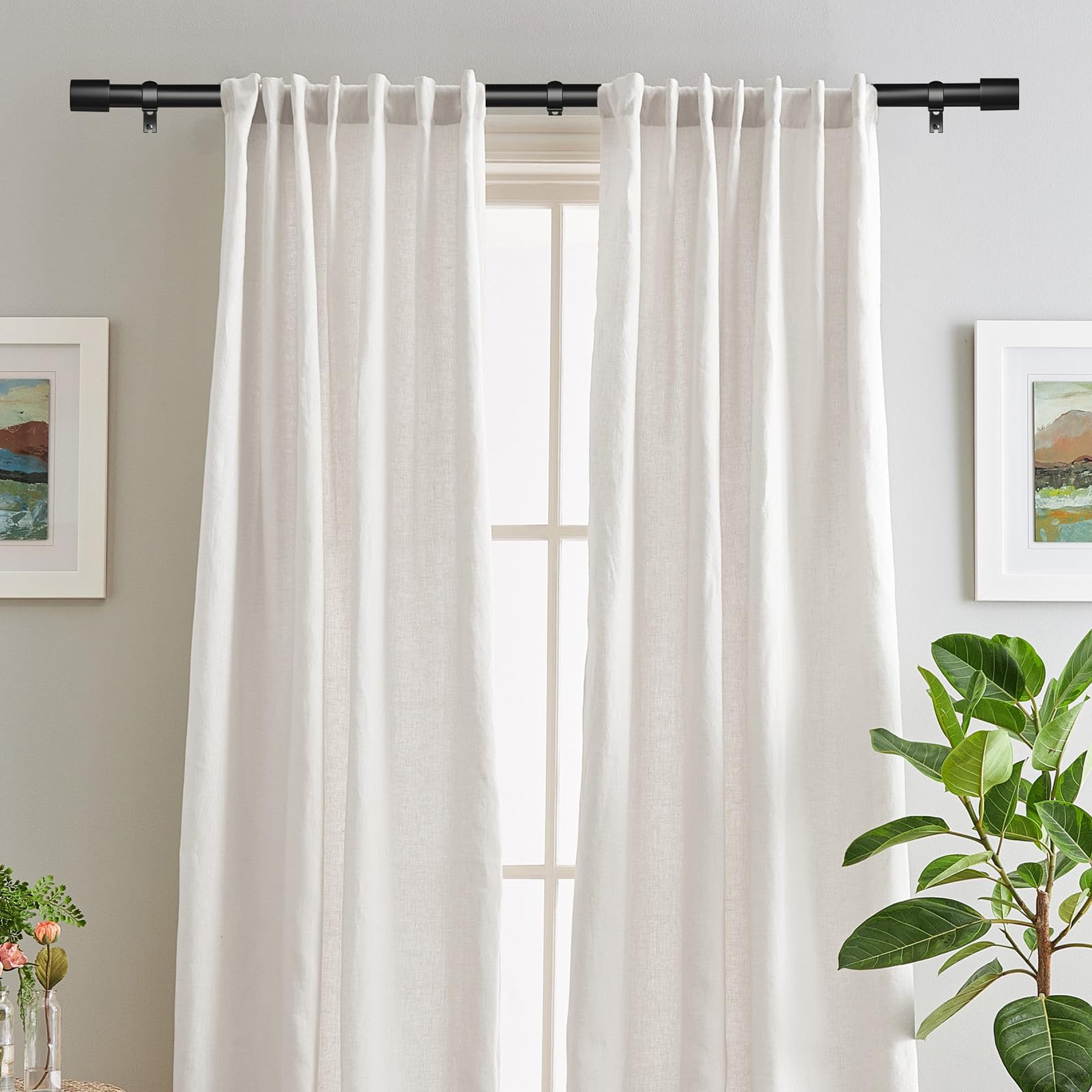 Curtain Rods for Windows 32 to 144 Inches, 1 Inch Diameter Adjustable Black Curtain Rod, Heavy Duty Modern curtain rod with Aluminium Finials, 32