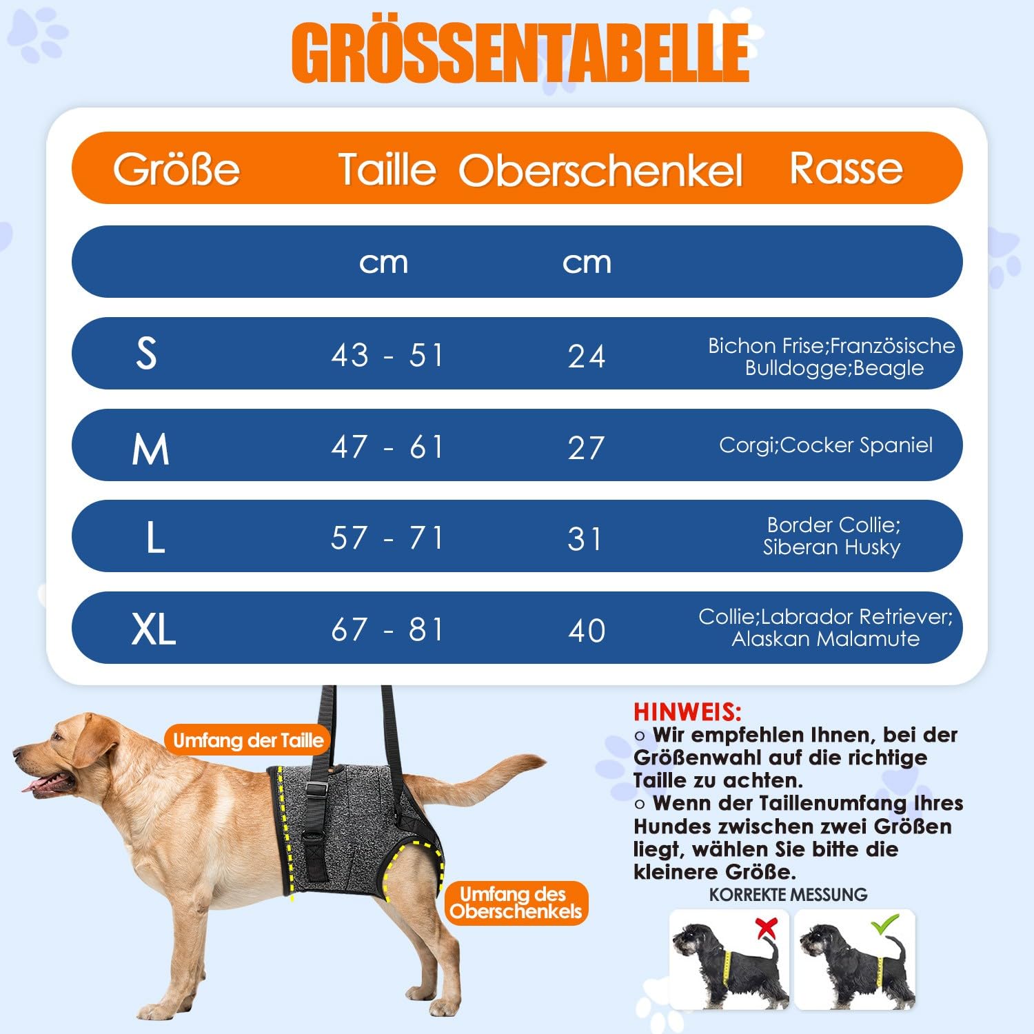 Nasjac Hundegeschirr zum Heben - Unterstützungsgeschirr für Hinterbeine Geschirr für mittelgroße Hunde Bequemes, verstellbares Hebegeschirr ältere, verletzte, arthritische, behinderte Rehabilitation
